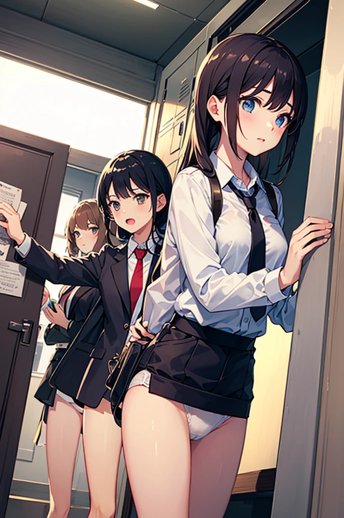 (masterpiece, high quality), (Multiple Girls,) 学校のlockerルーム, (white panties), School Shirt, Red tie, Change of clothes, Low Angle, Wide-angle, bright, white, Soft Light、underwear、Panties、Two Girls、locker