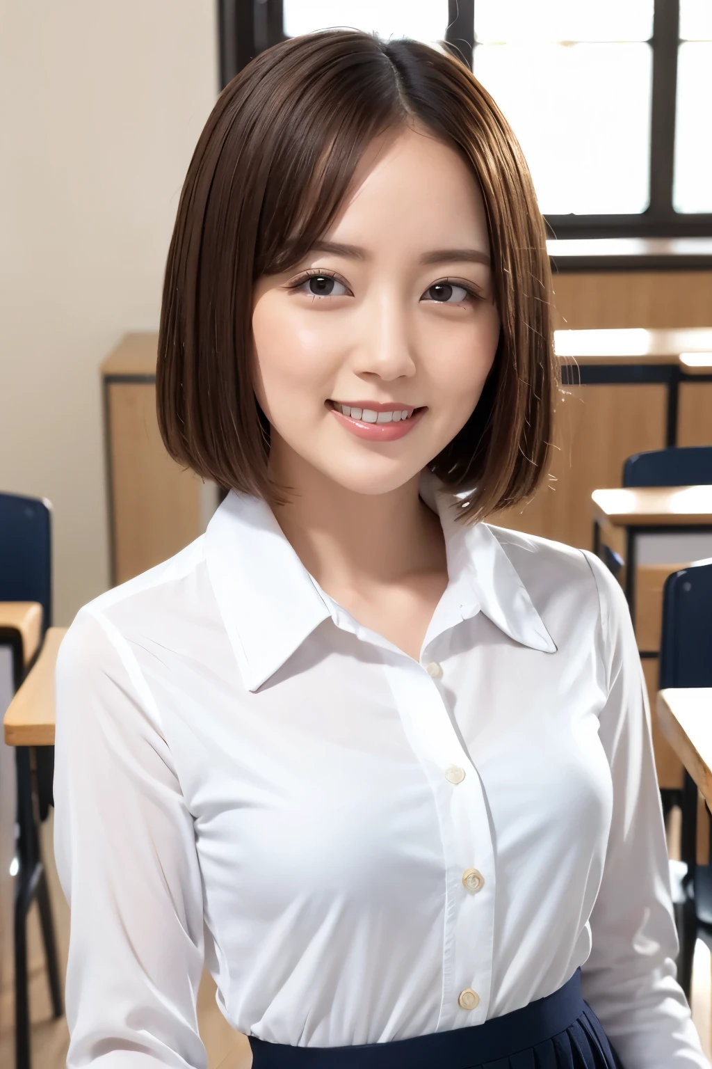 (Highest quality、Tabletop、8k、Best image quality、Award-winning works)、Cute school girl、(White polyester collared shirt:1.1)、(Navy Pleated Skirt:1.1)、Girl portrait photography、Glowing Skin、Standing Elegantly、(Perfect blurred school classroom background:1.1)、smile、Smiling with beautiful teeth、(Close-up of face:1.1)、Misaki Kanna