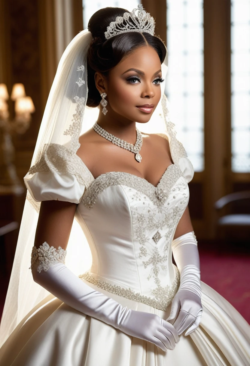 1girl, solo, (masterpiece), best quality, expressive eyes, perfect face, phaedra parks, modeling in a majestic, indoor palace setting, adorned in a shimmering white satin bridal gown boasting a voluminous princess skirt, an elongated trail, a harmoniously fascinating veil, and an intricately laced and diamond-encrusted bodice with a bow. Victorian style wedding gown with lace, frills and ribbons. Elaborate victorian updo hairstyle. ribbon belt on waist, Crowning her head is a princess's tiara, while diamond earrings and necklace sparkle in contrast with the white satin of her elbow-length opera gloves, realistic, 4k, hd, detailed, perfect anatomy, perfect hands, perfect face 