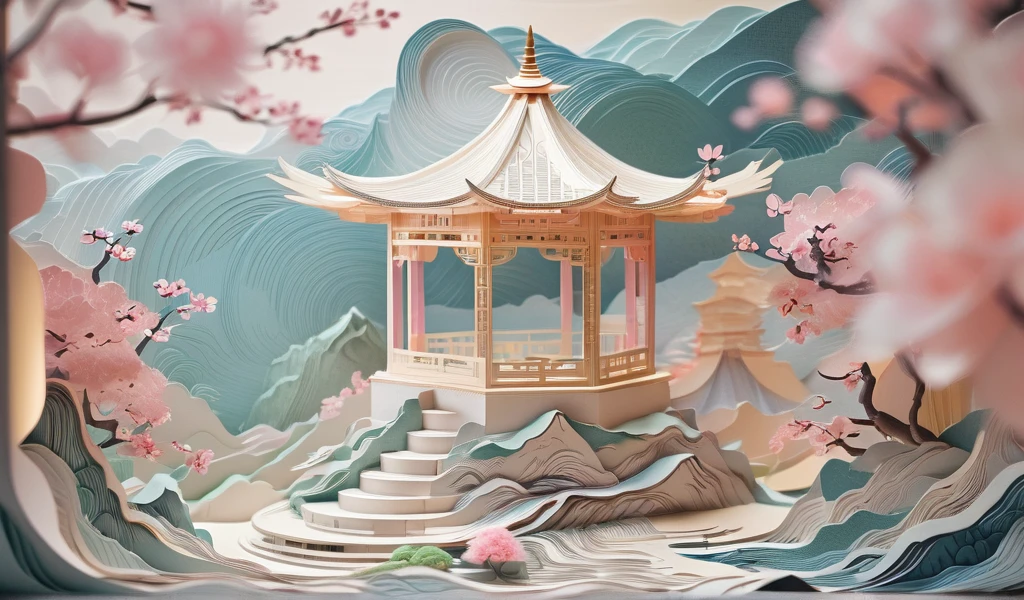 there is a paper cut of a pagoda in the middle of a mountain, pop japonisme 3 d ultra detailed, digital painting of a pagoda, japonisme 3 d 8 k ultra detailed, background depicting a temple, layered paper art, paper modeling art, intricate 3 d illustration, with ancient chinese aesthetic, paper art, scenery art detailed, oriental wallpaper
