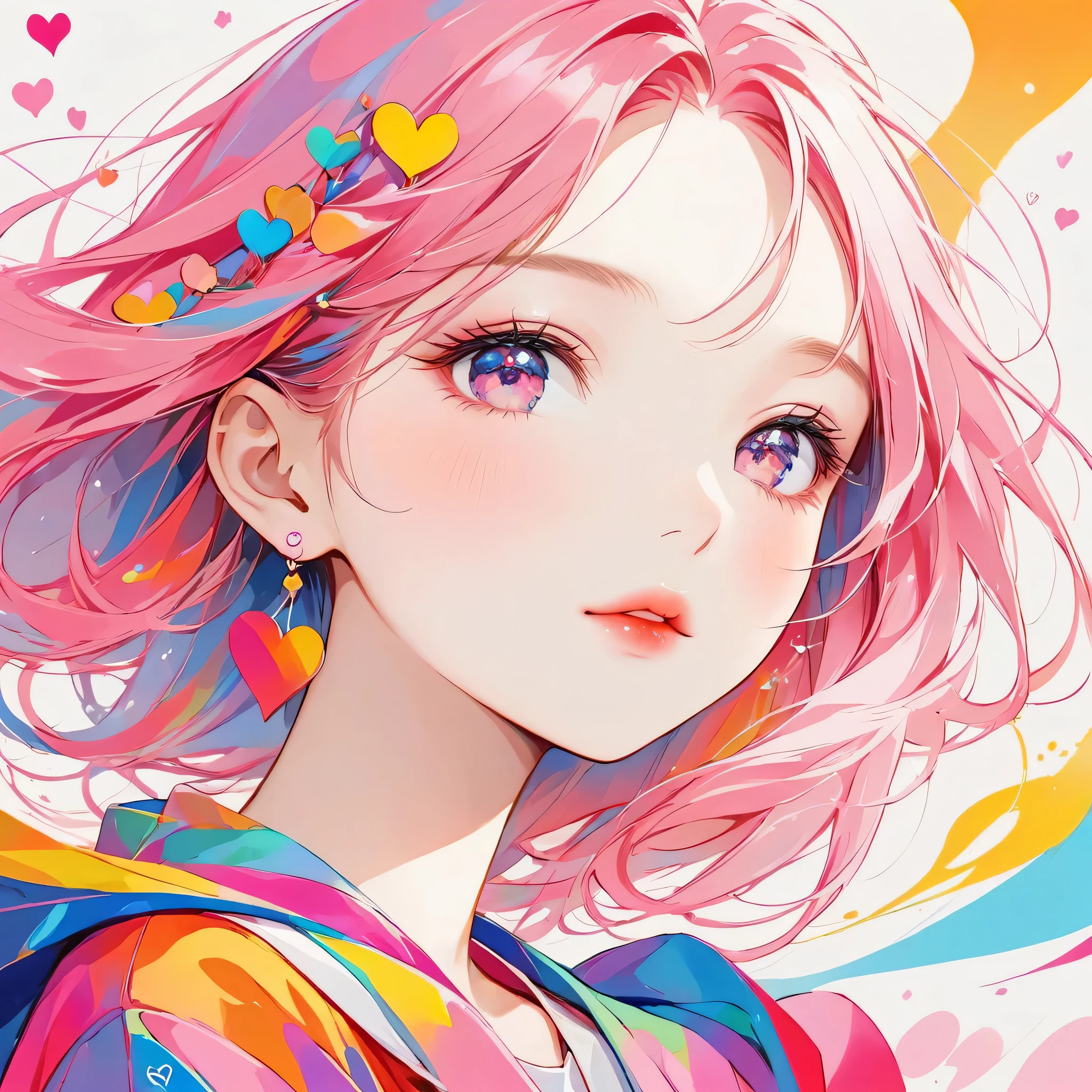 Momoko Sakura Pink and white style, Simple Line Initialism,Abstract art,(((The most beautiful girl of all time))), Sweet face. Lips in love, colorful hearts, 黒い瞳