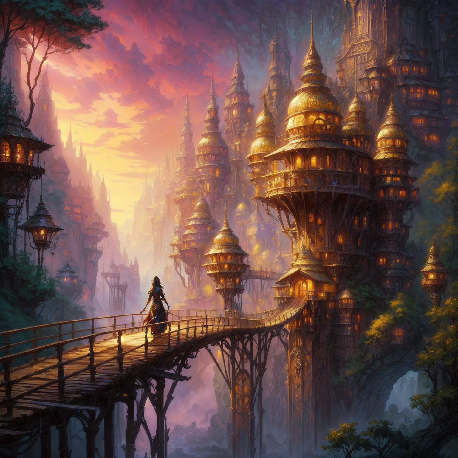a painting of a woman walking across a bridge over a river, symmetrical epic fantasy art, detailed fantasy art, breathtaking fantasy art, wide angle fantasy art, 4k fantasy art, detailed fantasy digital art, beautiful fantasy painting, intricate fantasy painting, inspired by Marc Simonetti, marc simonetti. intricate, highly detailed fantasy art, fantasy painting hd