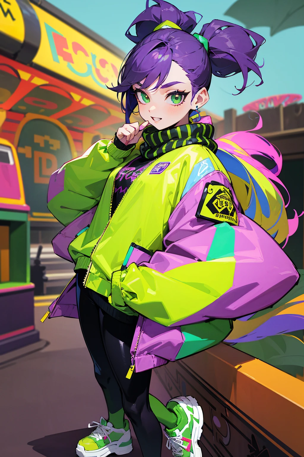 1female, deep violet hair, styled in a high ponytail with loose strands, emerald green eyes, energetic expression, oversized yellow bomber jacket with bold graphic patches, baggy black leggings, white chunky sneakers, a vibrant patterned scarf, lively amusement park background with colorful rides and festive lights, detailed face, hands to side, standing on path
