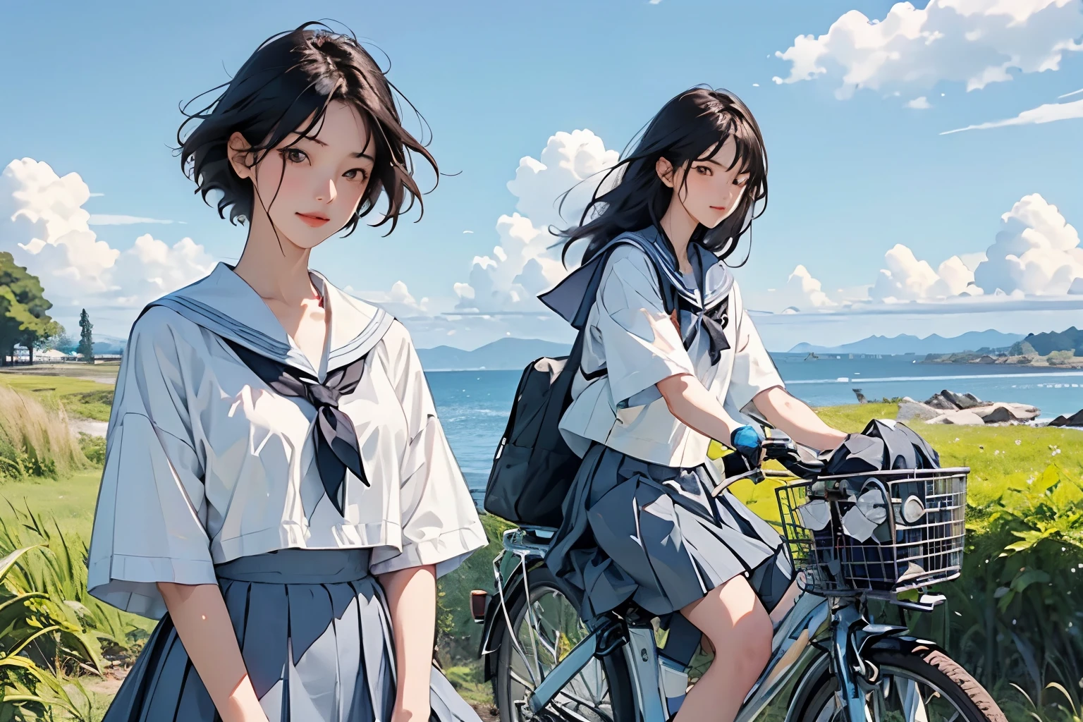 (Two girls on bicycles riding side by side)、Beautiful  Japan woman、Hair color is black、black eye、Medium Hair、short hair、Straight hair、smile、slender but well-proportioned body,、I'm wearing a sailor suit、Short sleeve、Wearing a white pleated skirt、Short skirt、Wear loafers、School Bags、summer、countryside、Long concrete road、A little overgrown grass、electric wire、Beautiful blue sky and white cumulonimbus clouds、Beautiful sea、Birds are flying、Highest quality、detailed、