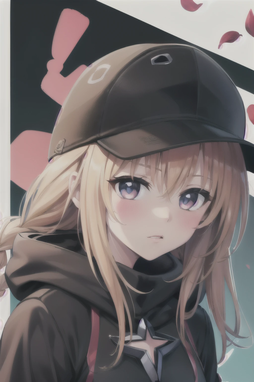 the girl with by rubio with a red top and black jacket is staring at the camera, 1 girl, Alone, braid, by rubio, has, blue eyes, baseball cap, by the wide, Upper part of the body, petals, blush, old, hood, looking at the viewer, jacket, black hats, hits