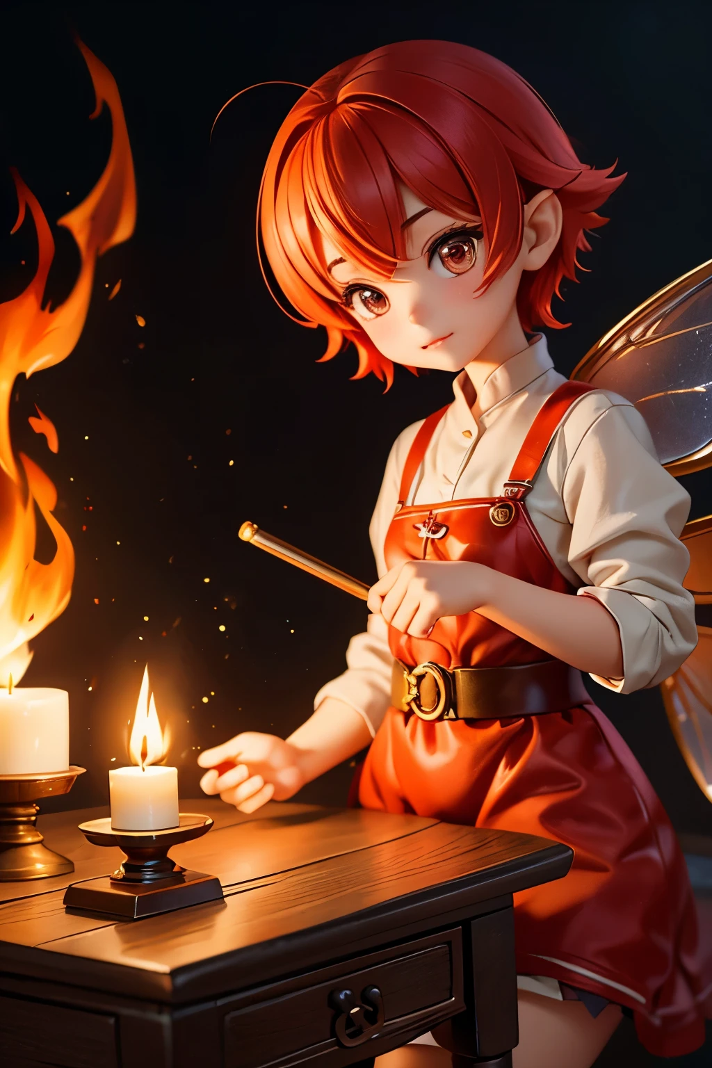 (Highest quality:1.2)。A lit candle on an old desk。One Girl。Little cute fairy。A fire fairy emerging from a candle flame。Red Short Hair。Floating on fire。See who's watching。smile。The background is dark。