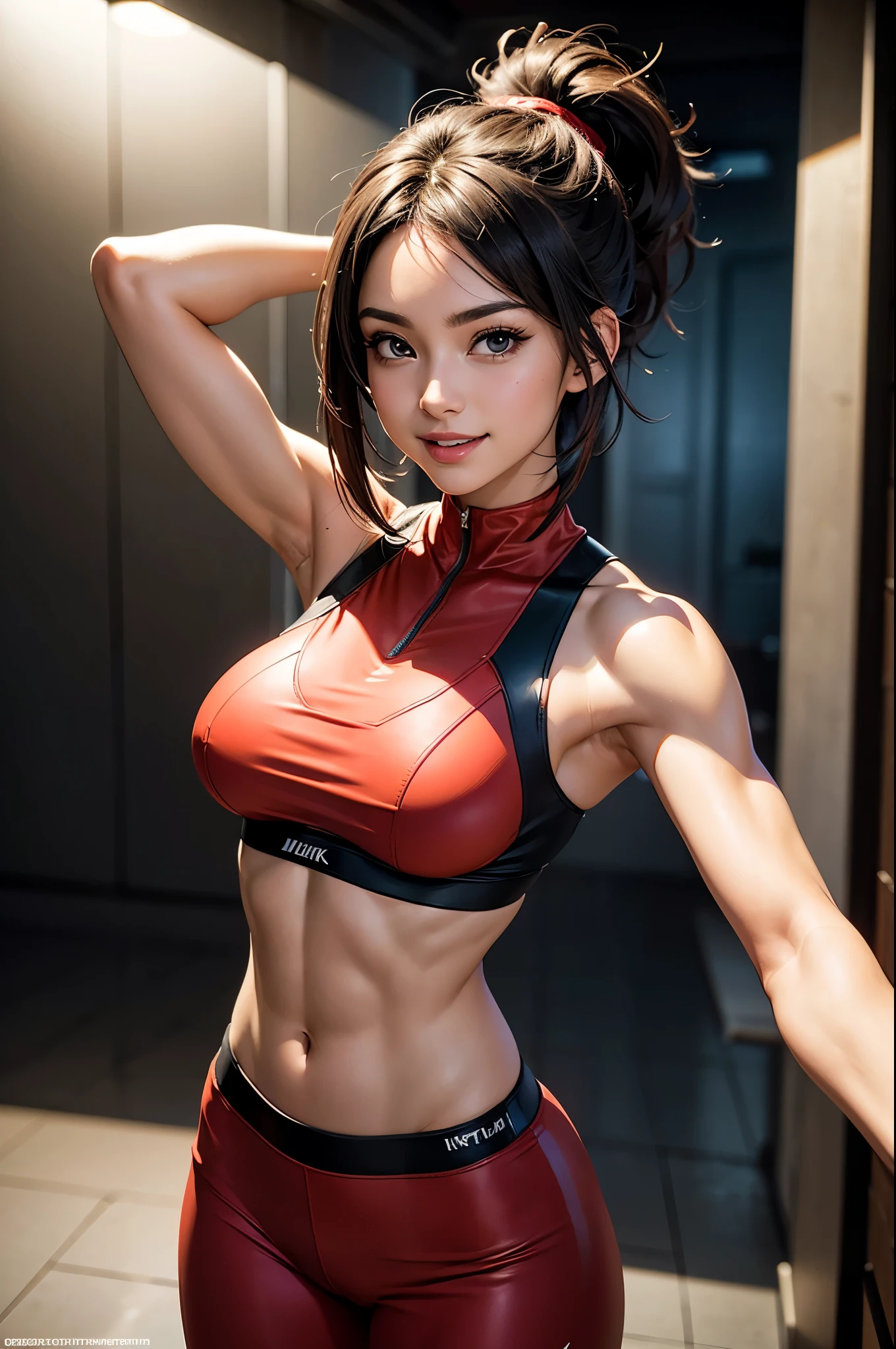 8k,Light brown mohawk hair,胸の大きなso beautifulなオランダ人の女性, Big and ample breasts,Big smile,so beautiful(Like the real thing)Black and red sporty outfit,Black and red sporty pants,　sexy,deviantart artstation cgscosiety, 3DレンダリングCharacter Art, Trending on Artstation 8k, Trending on artstation hd, Adventure Hyper Real Rendering, Perfect body with realistic shading, Photorealistic perfect body, Ultra-high resolution,Ultra-high resolution,Surreal,Fantasy art,Character Art,high quality,sexy,Strongly defined abdominal muscles,Muscular and slim body,Muscular and lean lower body,Rich colors, Backlight, Cinema Lighting, Film Grain, to be born, 50mm lens, Nikon D850,compensate,View your viewers,Lean and muscular lower body,Muscular Beauty,Bodybuilder,Makeup,Big smile,Uplifting,Top-down view,push ups,