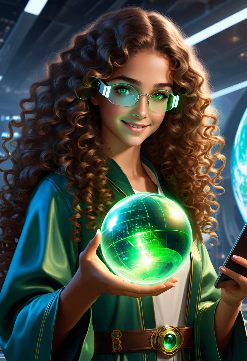 gemtech , Science-Fiction, internal reflections , transparent, inner details , Scholars , scroll, 1 girl,long hair, curly hair, glowing eyes, smile ,closed mouth, fire von hair hair, hold a globe , green eyes, holding virtual glasses as like VR , showing us the innosoft future, this girl is Enginneer trying to change the future, she is a super woman wearing