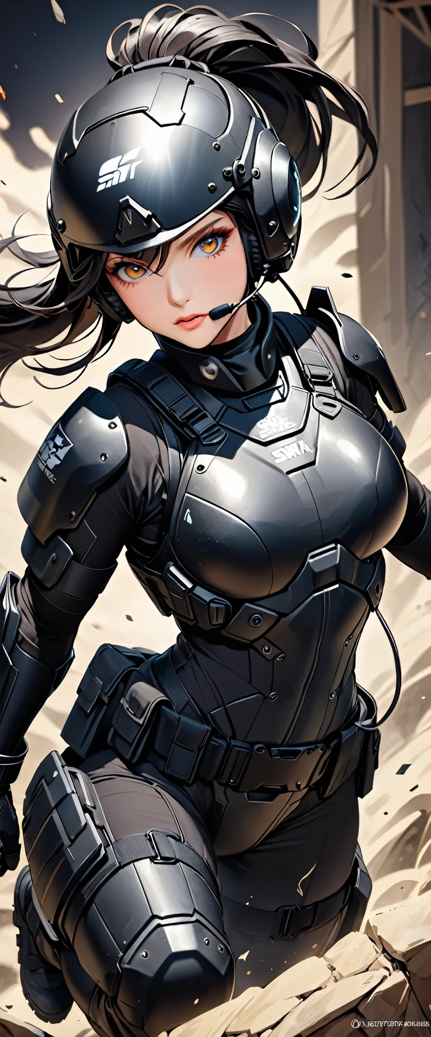 (masterpiece:1.2,Highest quality,Highest quality,Very detailed:1.2),8k,wallpaper,(One Woman),(Future female SWAT team members),(((Charge:1.6))),(Extremely form fitting black tactical body armor),(Tactical Headset),(Tactical Gloves),(Tactical Helmet),BREAK(Severe),(ponytail),(Black Hair),(Beautiful Face),(Beautiful Eyes),(Beautiful Eyes),(Very detailedな顔),(Very detailedな女性の手),(Muscular),(sexy),(Big Breasts),(Thick thighs),(Beautiful body),(The background is a criminal hideout:1.6),(cyber punk:1.6),(((Hand,detailed,perfect,perfection,hands))),(Beautiful female hands),(Accurate hand drawing),(dynamic:1.6),(action shot)