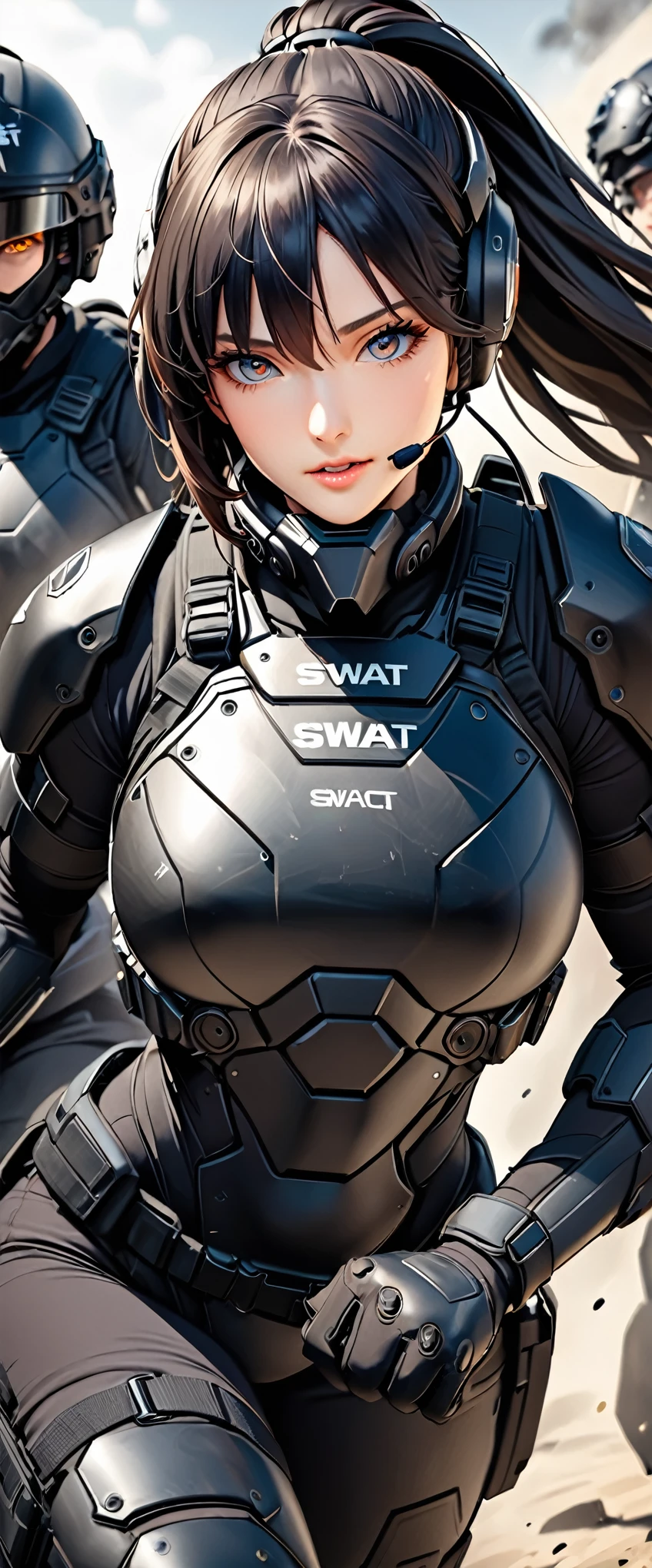 (masterpiece:1.2,Highest quality,Highest quality,Very detailed:1.2),8k,wallpaper,(One Woman),(Future female SWAT team members),(((Charge:1.6))),(Extremely form fitting black tactical body armor),(Tactical Headset),(Tactical Gloves),(Tactical Helmet),BREAK(Severe),(ponytail),(Black Hair),(Beautiful Face),(Beautiful Eyes),(Beautiful Eyes),(Very detailedな顔),(Very detailedな女性の手),(Muscular),(sexy),(Big Breasts),(Thick thighs),(Beautiful body),(The background is a criminal hideout:1.6),(cyber punk:1.6),(((Hand,detailed,perfect,perfection,hands))),(Beautiful female hands),(Accurate hand drawing),(dynamic:1.6),(action shot)
