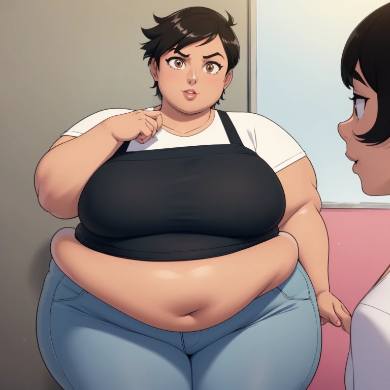 ((ultra quality)), ((masterpiece)), fat Lois Lane, 1 fat girl solo ((black short hair tomboy hairstyle)), (Beautiful face), (beautiful female lips), (), charming, ((Happy facial expression)), looks at the camera, eyes slightly open, ( dark skin color), (dark skin), glare on the body, ((detailed beautiful female eyes)), ((dark brown eyes)), (juicy female lips), (dark eyeliner), (beautiful female hands), (( fat female figure)), female body plus, beautiful waist, gorgeous thighs, beautiful medium breasts, ((subtle and beautiful)), sexy worth (), (White shirt, Black jeans) background: office, ((depth of field)), ((high quality clear image)), (clear details), ((high detail)), realistically, professional photo session, ((Clear Focus)), anime