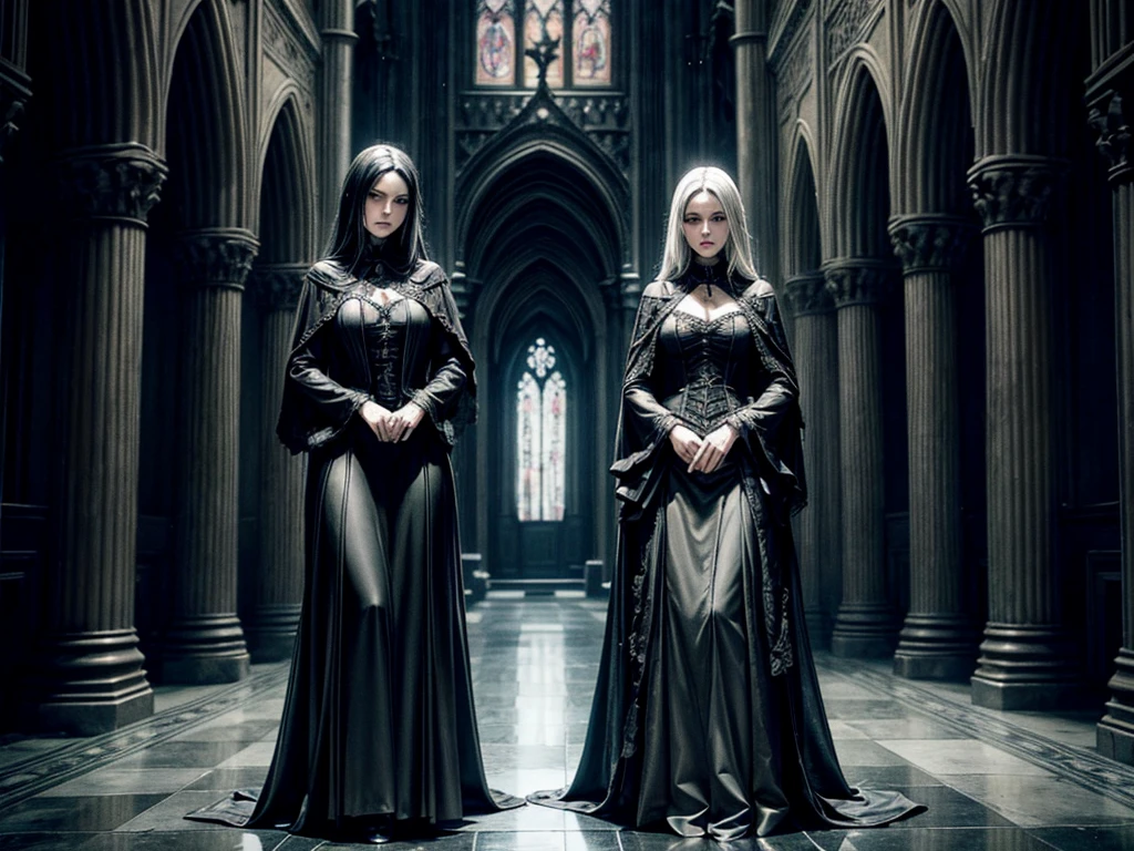 Gothic aesthetics, Dark and mysterious atmosphere, Intricate details, Detailed architecture, Beautiful and memorable characters, Dramatic lighting, Gothic Fashion, Gothic elements, Black and white color scheme, Gloomy atmosphere, Spooky atmosphere, Vintage Style, Complex Pattern, cathedral, Gothic Arch, Moonlit Sky, Cobblestone Street, Glamorous decoration, Elaborate stained glass windows, Towering spire, Ghostly figures, Candle-lit hallway, Foggy atmosphere, ancient ruins, Medieval castle, Mystical Creatures, Eerie silence, Heavenly Beauty, Gloomy tones, depressing mood, twisted trees, Hidden Secrets, Creepy art, Influence of the Victorian era, Creepy music. (Highest quality,4K,8k,High resolution,masterpiece:1.2),Very detailed,(Realistic,photoRealistic,photo-Realistic:1.37), High resolution, 超High resolution, Studio Lighting, Very detailed説明, Professional, Vibrant colors