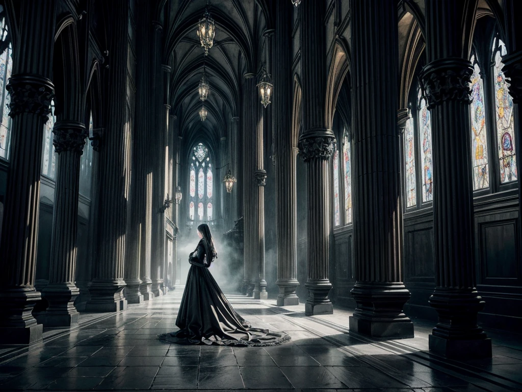 Gothic aesthetics, Dark and mysterious atmosphere, Intricate details, Detailed architecture, Beautiful and memorable characters, Dramatic lighting, Gothic Fashion, Gothic elements, Black and white color scheme, Gloomy atmosphere, Spooky atmosphere, Vintage Style, Complex Pattern, cathedral, Gothic Arch, Moonlit Sky, Cobblestone Street, Glamorous decoration, Elaborate stained glass windows, Towering spire, Ghostly figures, Candle-lit hallway, Foggy atmosphere, ancient ruins, Medieval castle, Mystical Creatures, Eerie silence, Heavenly Beauty, Gloomy tones, depressing mood, twisted trees, Hidden Secrets, Creepy art, Influence of the Victorian era, Creepy music. (Highest quality,4K,8k,High resolution,masterpiece:1.2),Very detailed,(Realistic,photoRealistic,photo-Realistic:1.37), High resolution, 超High resolution, Studio Lighting, Very detailed説明, Professional, Vibrant colors