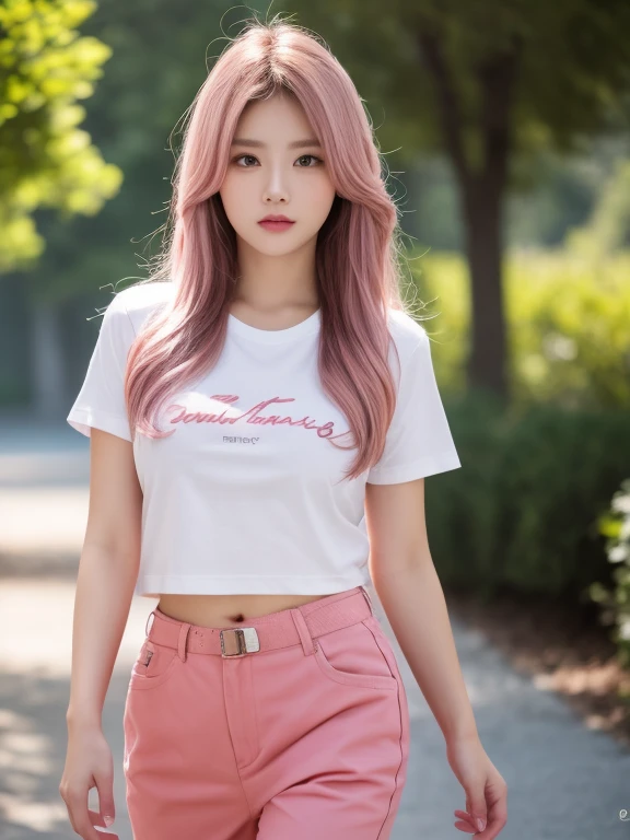 cowboy shot,最high quality, masterpiece, High resolution, One girl,Beautiful Face, Rim Light, Two-tone lighting,(Skin with attention to detail:1.2), 8k uhd, Digital SLR, Soft lighting, high quality, Volumetric lighting, Frank, photograph, High resolution, 4K, 8k, Pink Hair, Pressing the smartphone while walking,T-Shirts,