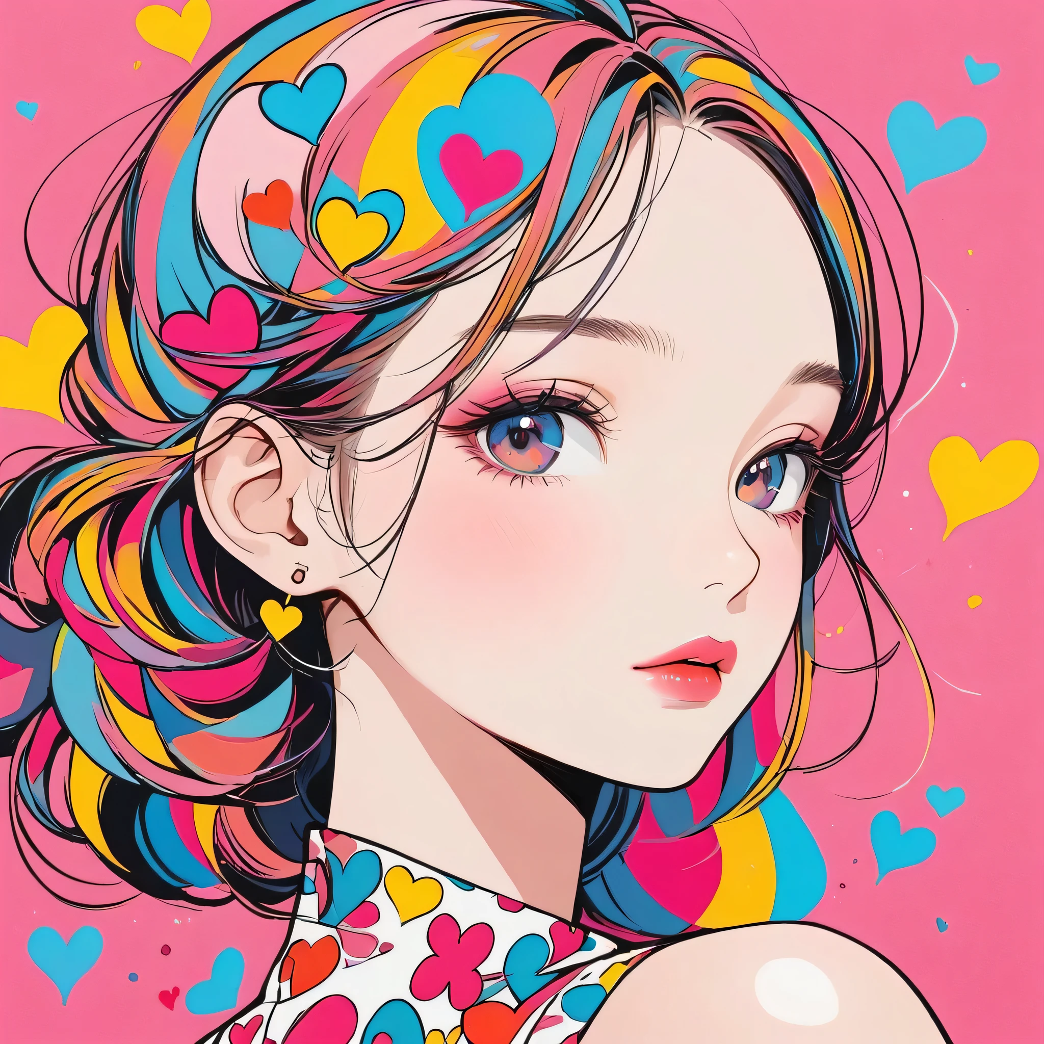Keith Haring Pink and white style, Simple Line Initialism,Abstract art,(((The most beautiful girl of all time))), Sweet face. Lips in love, colorful hearts, (((黒い瞳)))