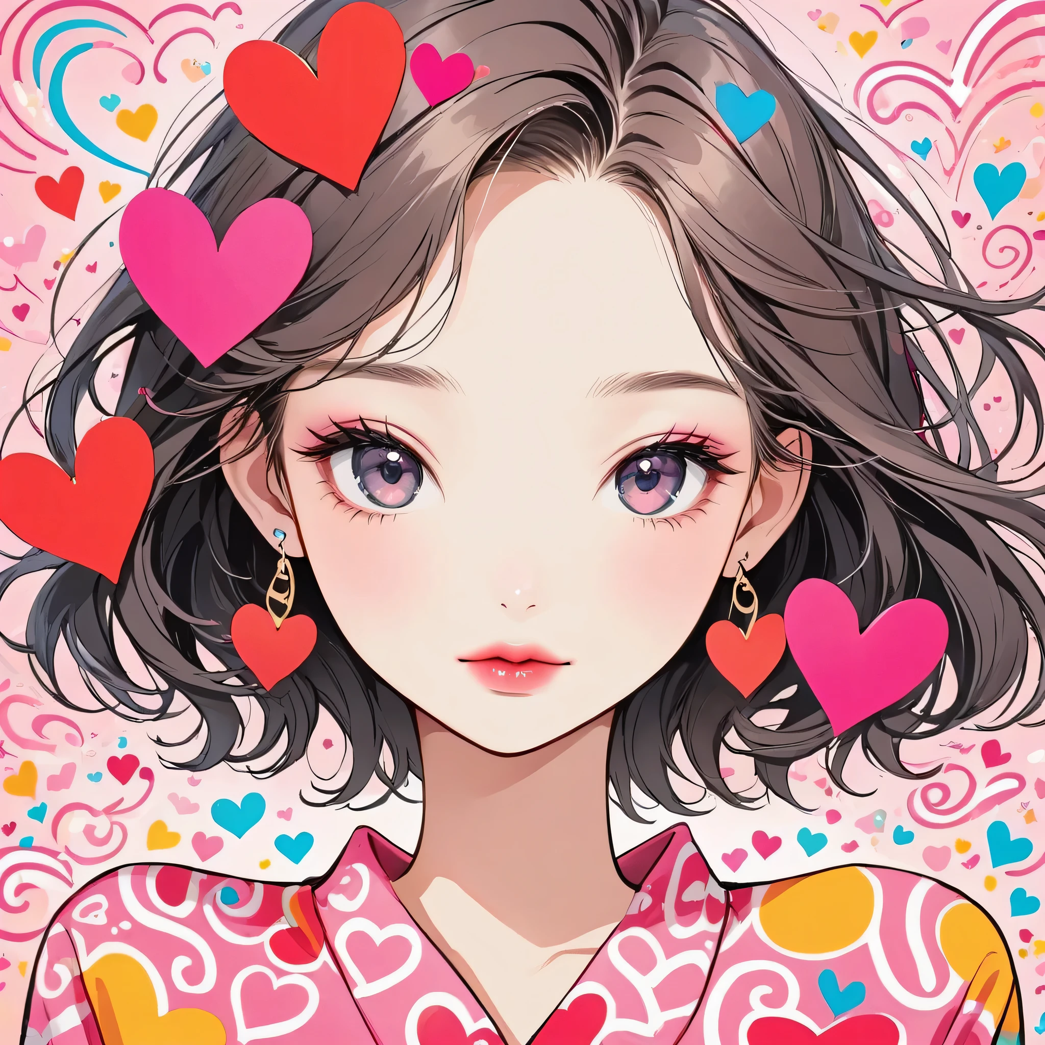 Keith Haring Pink and white style, Simple Line Initialism,Abstract art,(((The most beautiful girl of all time))), Sweet face. Lips in love, colorful hearts, (((黒い瞳)))