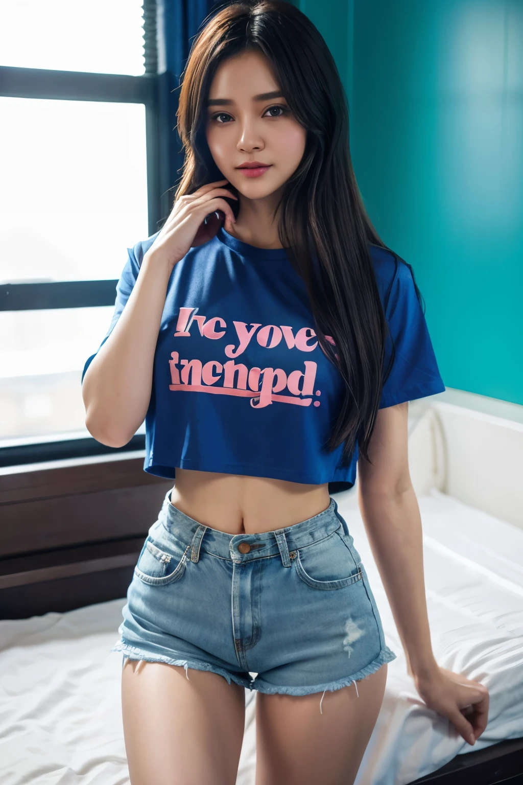 สาวเกาหลีลูกครึ่งจีนสุดสวยwatchเหมือนภาพวาด 4 มิติ,(watch), I parted ways directly., My hair is great., Ideal , Blue cropped t-shirt with printed message.,I love you, shorts, stand (window background), bright colors, studio lights, gentle fire, The light is dim., 3D animation