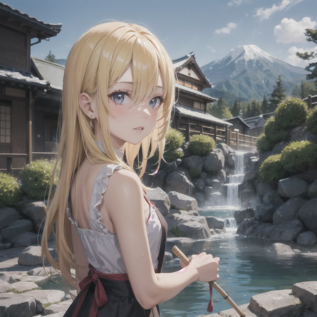 European girl portrait,alone,20-year-old,Beautiful Face,Upper Body,Hair on one eye,Medium Sidecut, Blonde, Sharp focus, Holding Shimonita leek, Kusatsu Onsen scenery, Photograph the whole body