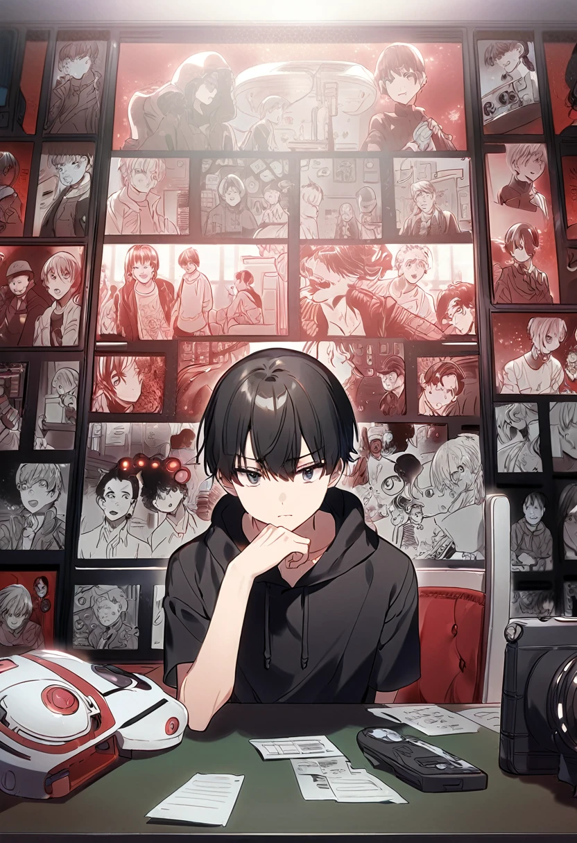 anime boy character to face sitting on a chair behind a table in studio his t-shirt color is red and wearing black hoodie with loads of futuristic gadgets , and character background like a detective house wall with murder board