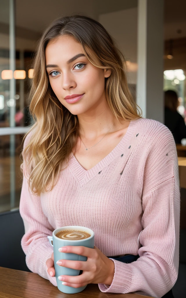 beautiful blonde wearing pink sweater (sipping coffee inside a modern café at sunset), very detailed, 21 years old, innocent face, natural wavy hair, blue eyes, high resolution, masterpiece, best quality, intricate details, highly detailed, sharp focus, detailed skin, realistic skin texture, texture, detailed eyes, professional, 4k, charming smile, shot on Canon, 85mm, shallow depth of field,  kodak vision color, perfect fit body, extremely detailed, foto_\(ultra\), photorealistic, realistic, post-processing, maximum detail, roughness, real life, ultra realistic, photorealism, photography, 8k uhd, photography sexy hot 