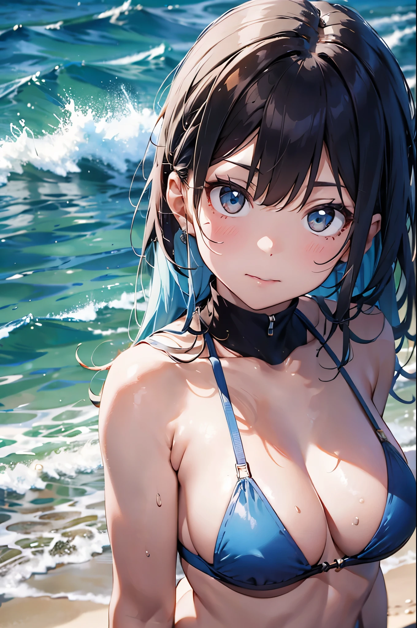 High resolution,topless、
One beautiful young woman,Light blue hair、ponytail、
(Soft Saturation:1.3), (Fair skin:1.2),
(ultra-Detailed Background, Detailed Background), Bokeh,
break&#39;Portrait of a smiling girl.,
When viewed from the front, The composition is symmetrical,
Looking straight at you with serious eyes,
break Swimwear, White Bikini, Center of chest, 
Outdoor, Sea surface, null, sunlight,Summer beach, Sandy Beach,
Strong light, Front lighting, 
(Teen:1.3), (Cowboy Shot:1.2),
Front brake angle,
View your audience,
Dynamic pose,
sitting on the beach

Seaweed、Seaweed、Seaweed、Seaweed、Seaweed、Seaweed、Seaweed、