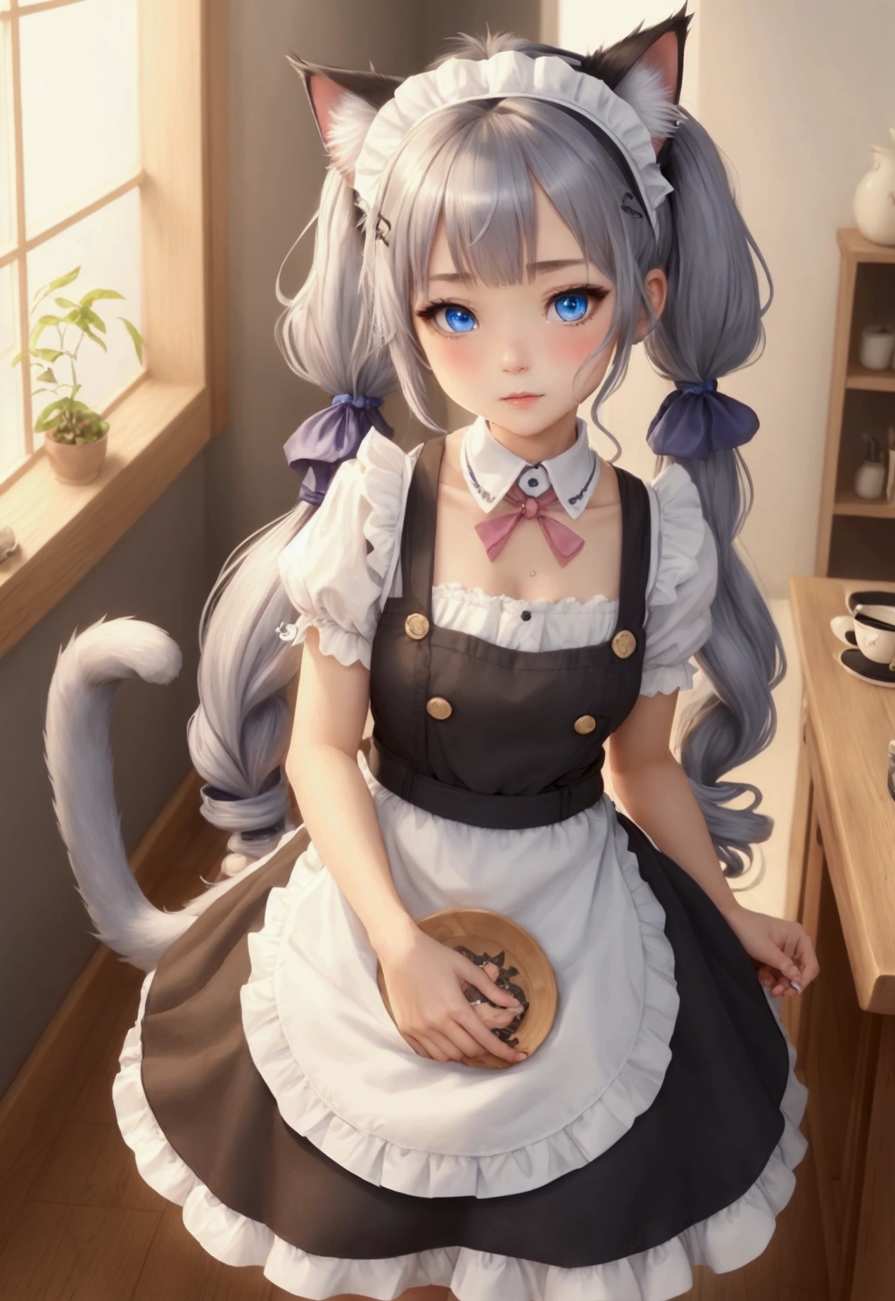 masterpiece, Highest quality, One girl, Side Lock, hair ornaments, jewelry, blush, Mature Woman, Animal ears, blue eyes, Cat ear,wintails, tail, Gray Hair,low twintails, Cat girl, cat tail, Animal earsの毛, chest, Long Hair, Little, View your viewers, Maid, Maid headdress, Maid apron,