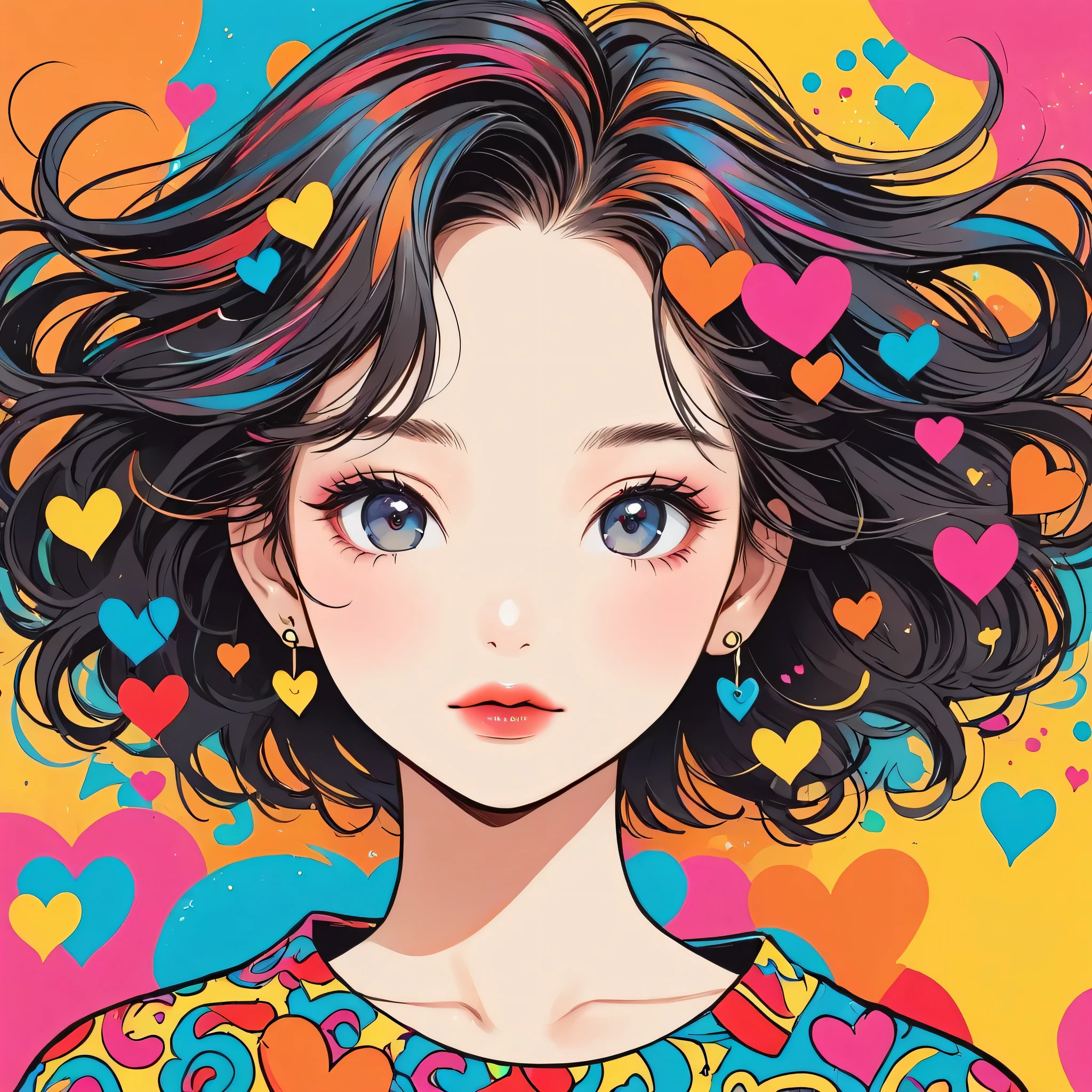 Keith Haring colorful style, Simple Line Initialism，Abstract art，(((The most beautiful girl of all time))), Sweet face. Lips in love, colorful hearts, (((黒い瞳)))