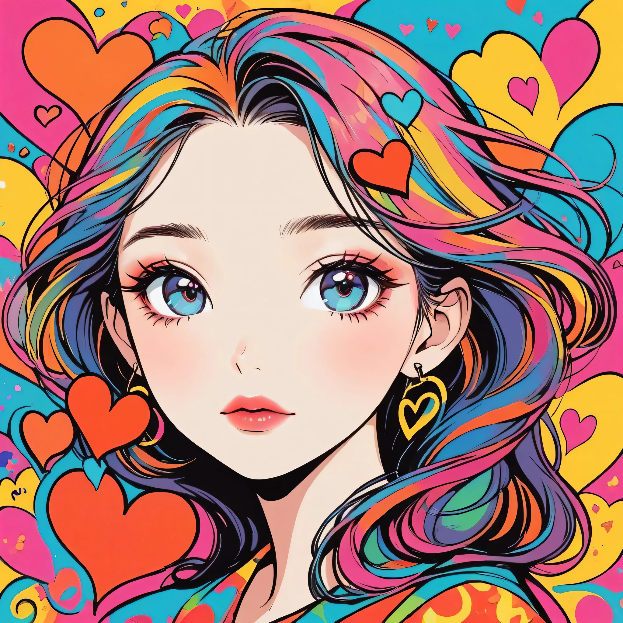 Keith Haring colorful style, Simple Line Initialism,Abstract art,(((The most beautiful girl of all time))), Sweet face. Lips in love, colorful hearts, (((黒い瞳)))