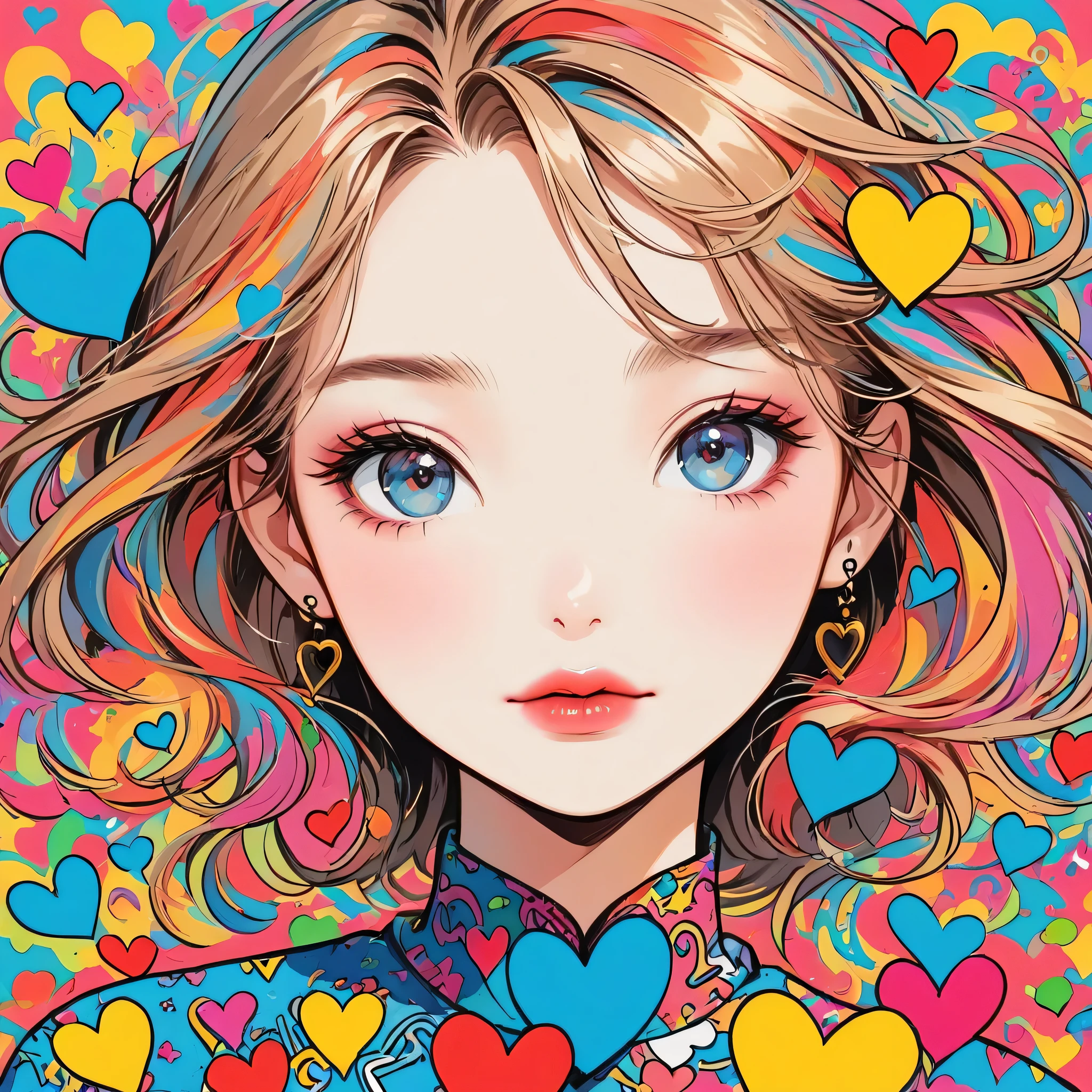 Keith Haring colorful style, Simple Line Initialism，Abstract art，(((The most beautiful girl of all time))), Sweet face. Lips in love, colorful hearts, (((黒い瞳)))