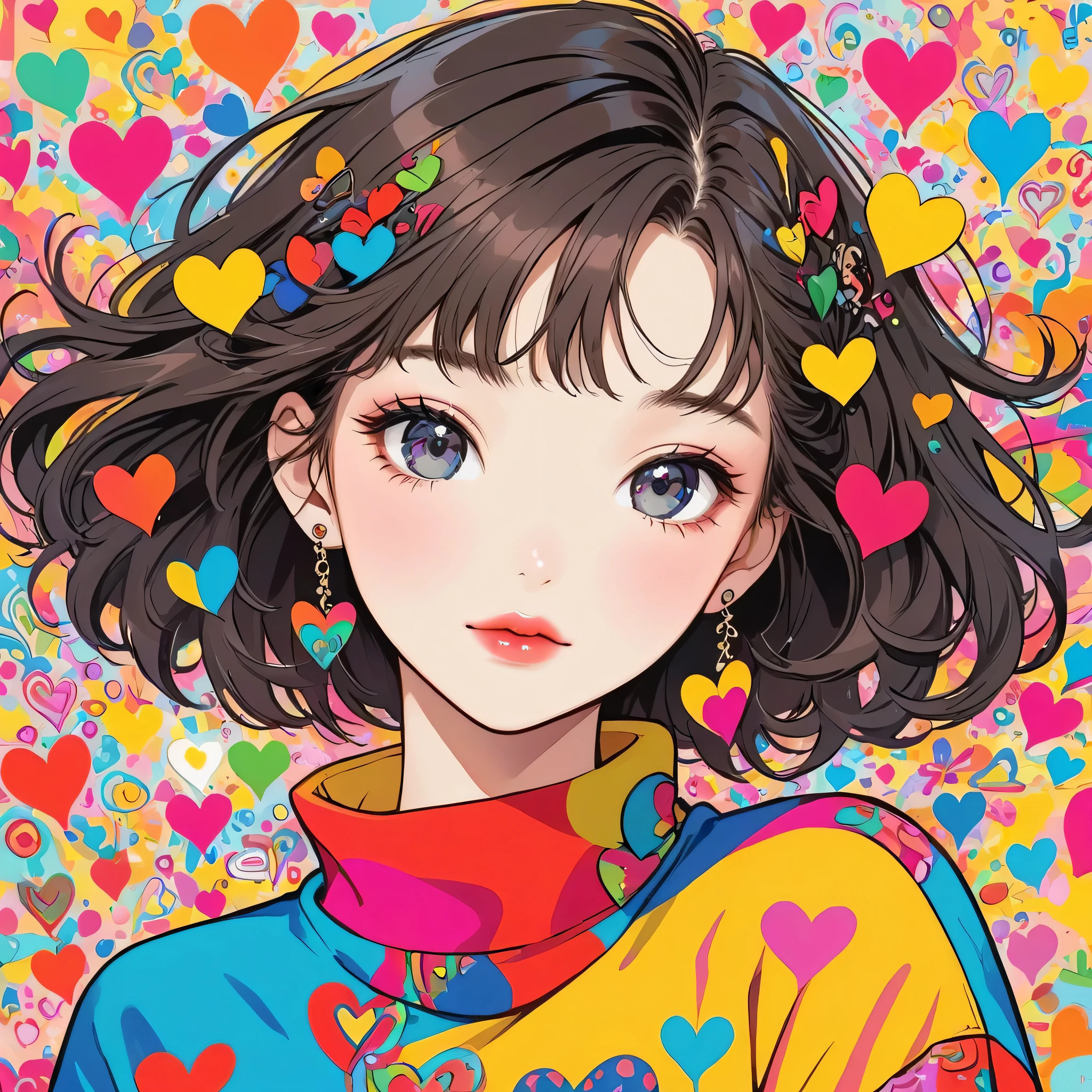 Keith Haring colorful style, Simple Line Initialism,Abstract art,(((The most beautiful girl of all time))), Sweet face. Lips in love, colorful hearts, (((黒い瞳)))