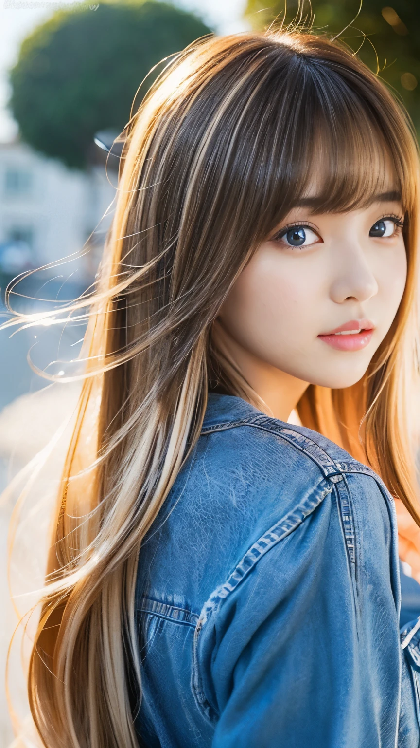 Sexy Big 、A cute 20-year-old girl with a sexy and cute look, beautiful and sexy face、A strong wind blows my hair in front of my face、With straight blonde hair、beautiful, Cute and sexy eyes hidden behind long bangs