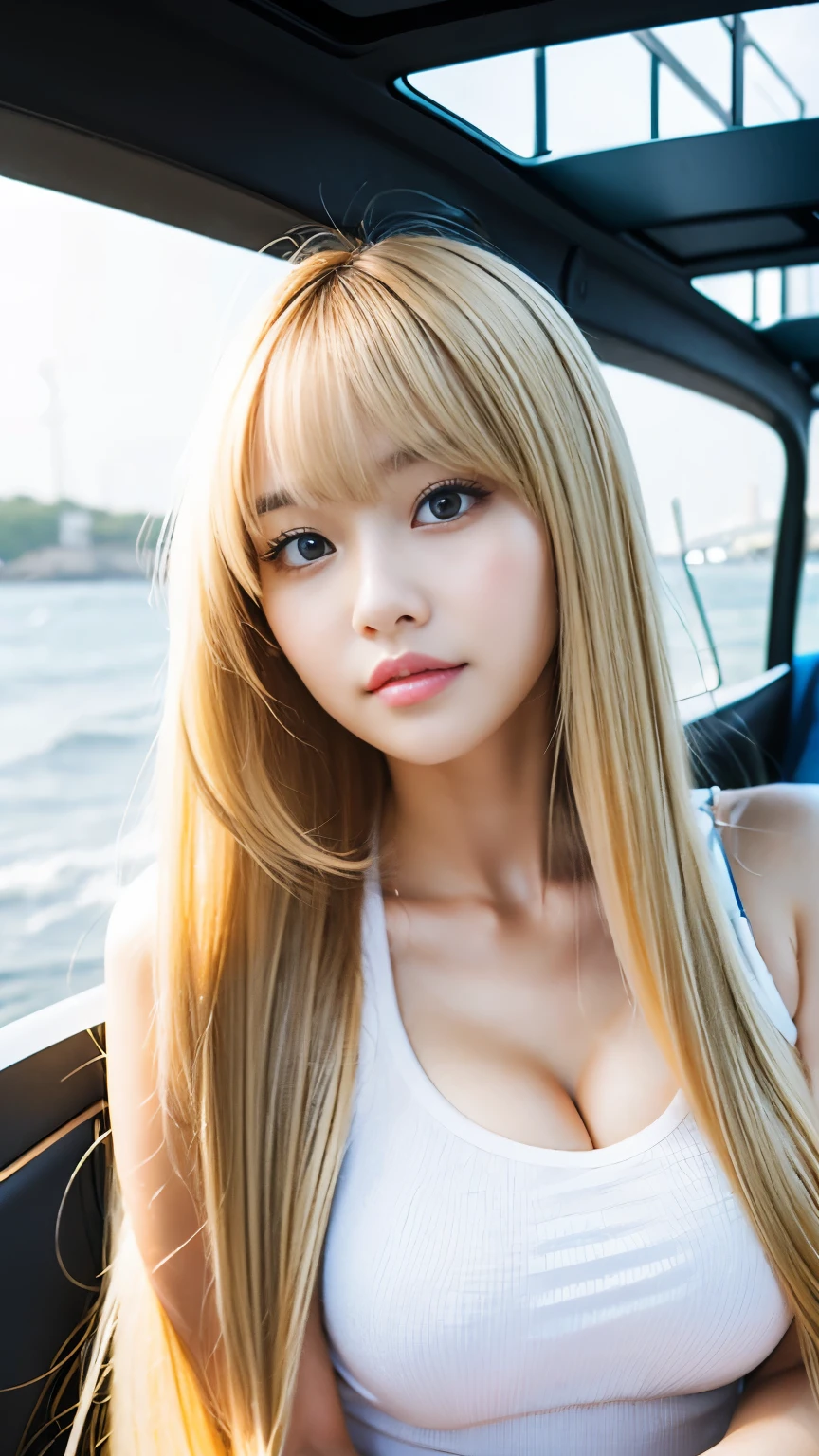 Sexy Big 、A cute 20-year-old girl with a sexy and cute look, beautiful and sexy face、A strong wind blows my hair in front of my face、With straight blonde hair、beautiful, Cute and sexy eyes hidden behind long bangs