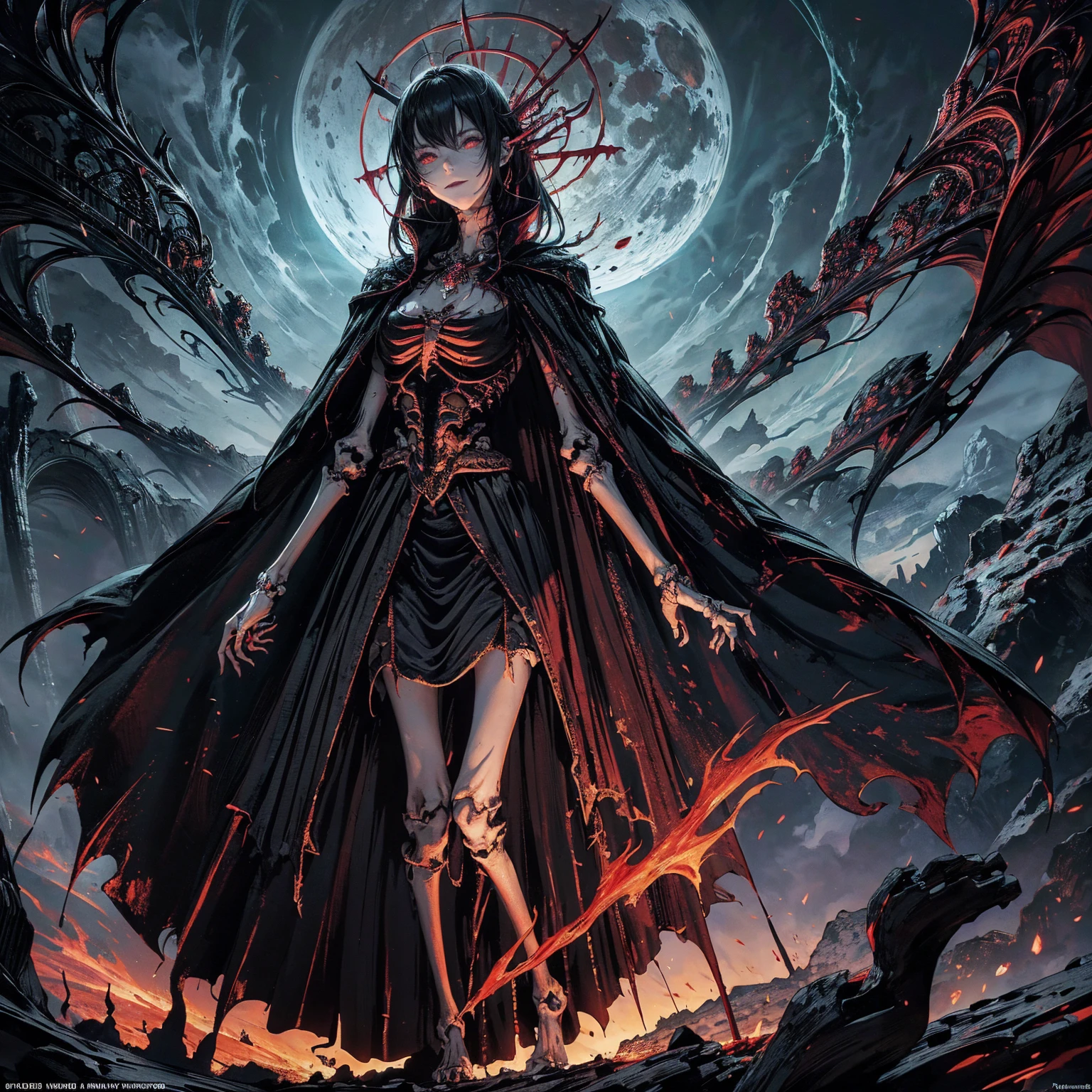 full-body shot, wide-angle lens, upward shot, best quality, 4K, high resolution, masterpiece, Very detailed, Mood lighting, An undead girl in a long cape, Whole body including hands & arms & legs & feet are all skeleton bones but except the head is still beautiful human face, Wearing a ragged gothic skirt, Aloofness emotion, Dangerous sneer, Beautiful but sad smile, Black Hair, Standing, Facing the camera, Crucified, Pitch black sky, Blood-red moon, strange atmosphere, Gothic style, Unforgettable beauty, Dramatic shadows, Ethereal Light, Mysterious atmosphere