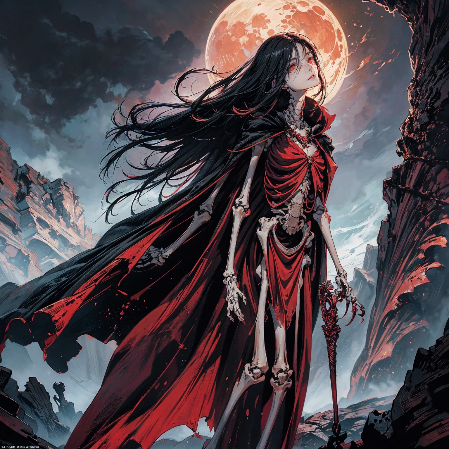 full-body shot, wide-angle lens, upward shot, best quality, 4K, high resolution, masterpiece, Very detailed, Mood lighting, An undead girl in a long cape, Whole body including hands & arms & legs & feet are all skeleton bones but except the head is still beautiful human face, Wearing a ragged gothic skirt, Aloofness emotion, Dangerous sneer, Beautiful but sad smile, Black Hair, Standing, Facing the camera, Crucified, Pitch black sky, Blood-red moon, strange atmosphere, Gothic style, Unforgettable beauty, Dramatic shadows, Ethereal Light, Mysterious atmosphere