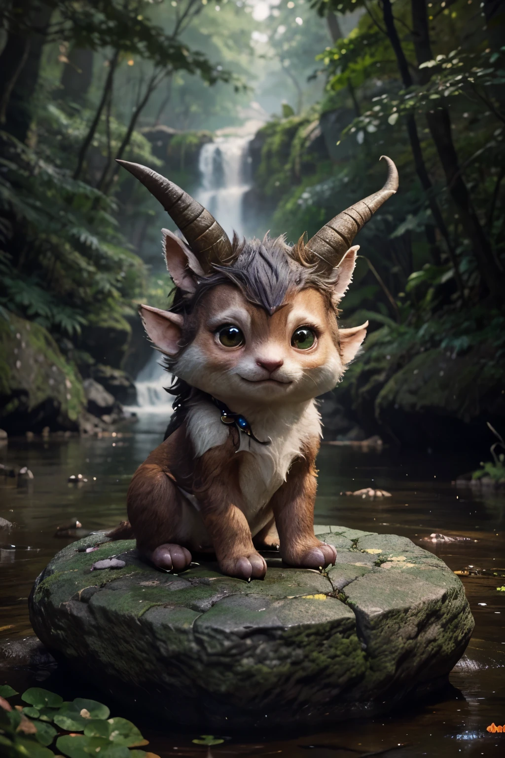 there is a small mythical creature  with horns sitting on a rock, water sprite adorable digital painting, cute forest creature, beeple and jeremiah ketner, cute little troll, cute detailed digital art, cute little creature, cute digital art, wojtek fus, art of wlop and greg rutkowski, cute creature, childrens art in artstation, portrait of a cute monster