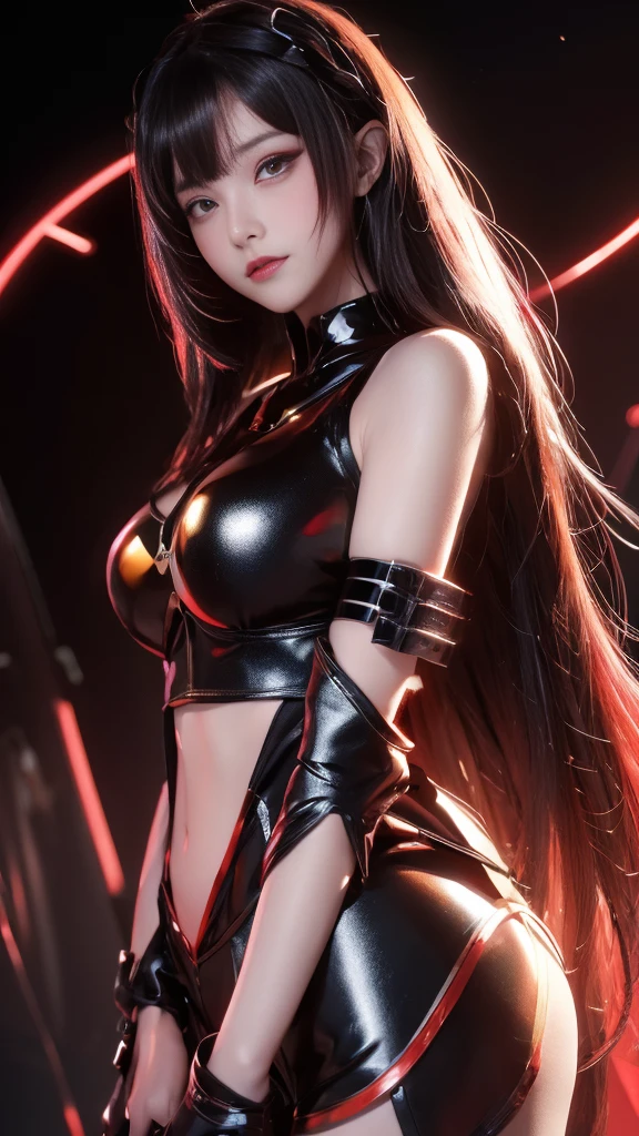 high resolution,8k,1女の子のDetailed, Cyberpunk Costume,Only black clothing,The costume is shiny,Shiny red long hair,8k,Detailed目,8k, Detailed,The background is white