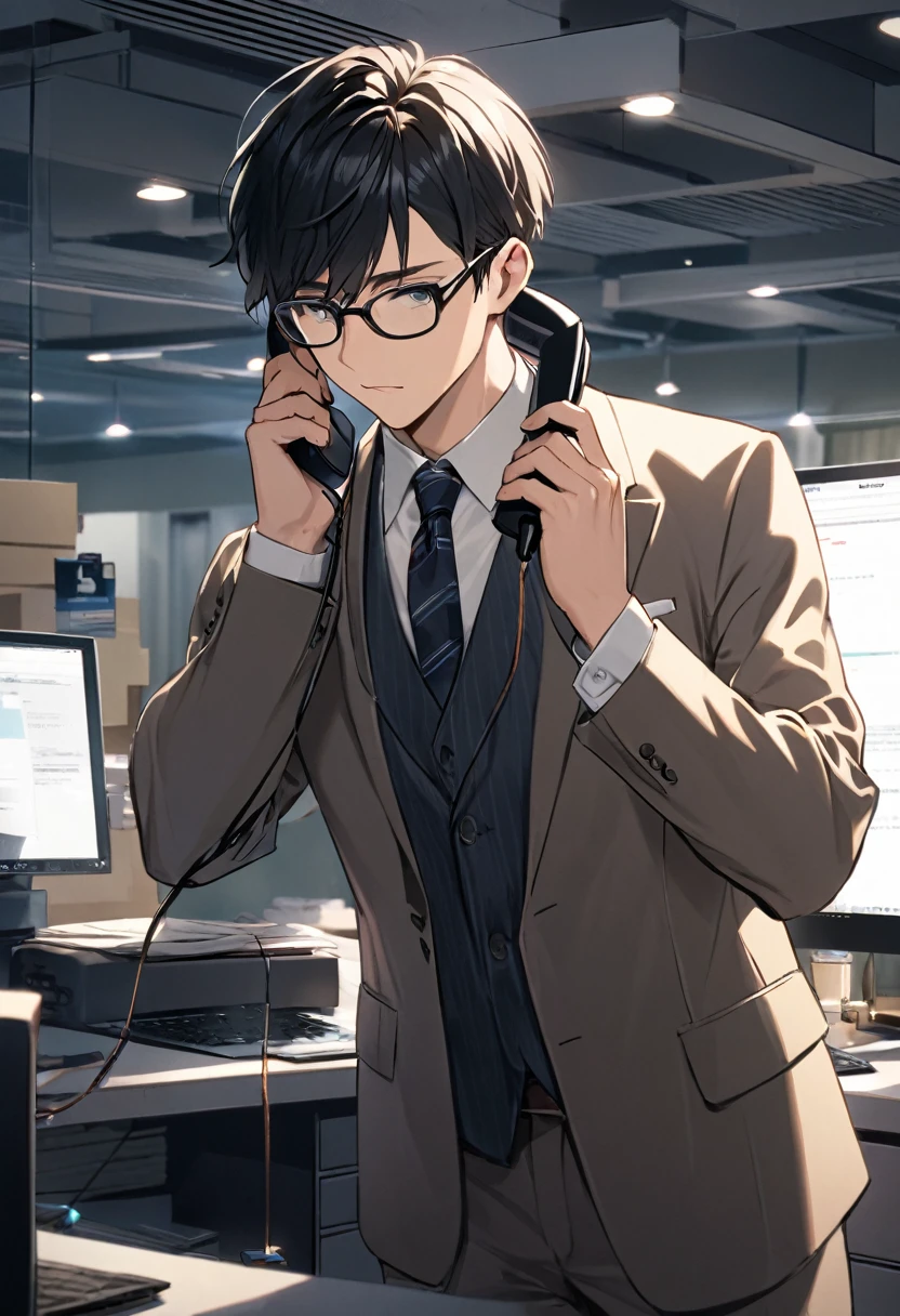 male,cool,Handsome,Short Hair,Black Hair,Charm,lure,Working,Sharp,Black-rimmed glasses,suit,Winter clothes,office,On the phone,Are standing,Able to work,