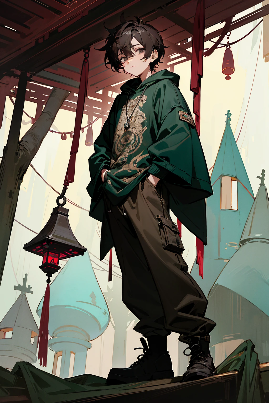 1male, dark burgundy hair, styled in a messy, layered cut, piercing gray eyes, contemplative expression, oversized teal hoodie with abstract designs, baggy brown cargo pants, black hiking boots, a silver chain necklace, whimsical treehouse background with intricate wooden structures and hanging lanterns, detailed face, hands to side, standing on path