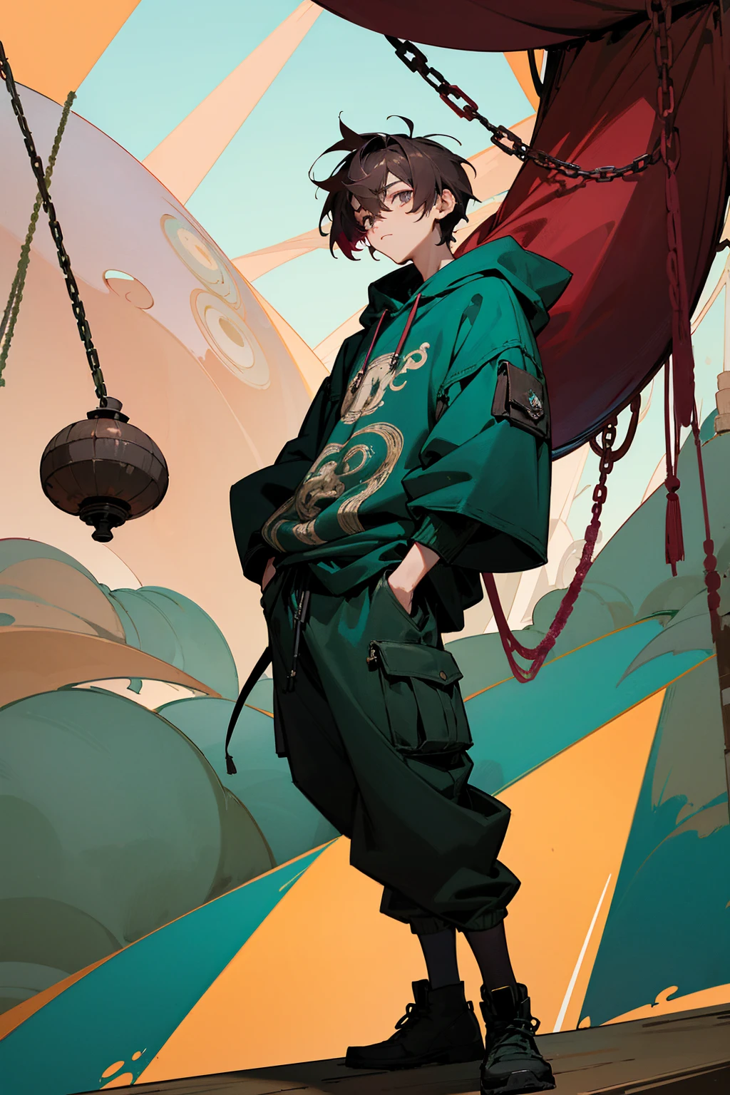 1male, dark burgundy hair, styled in a messy, layered cut, piercing gray eyes, contemplative expression, oversized teal hoodie with abstract designs, baggy brown cargo pants, black hiking boots, a silver chain necklace, whimsical treehouse background with intricate wooden structures and hanging lanterns, detailed face, hands to side, standing on path
