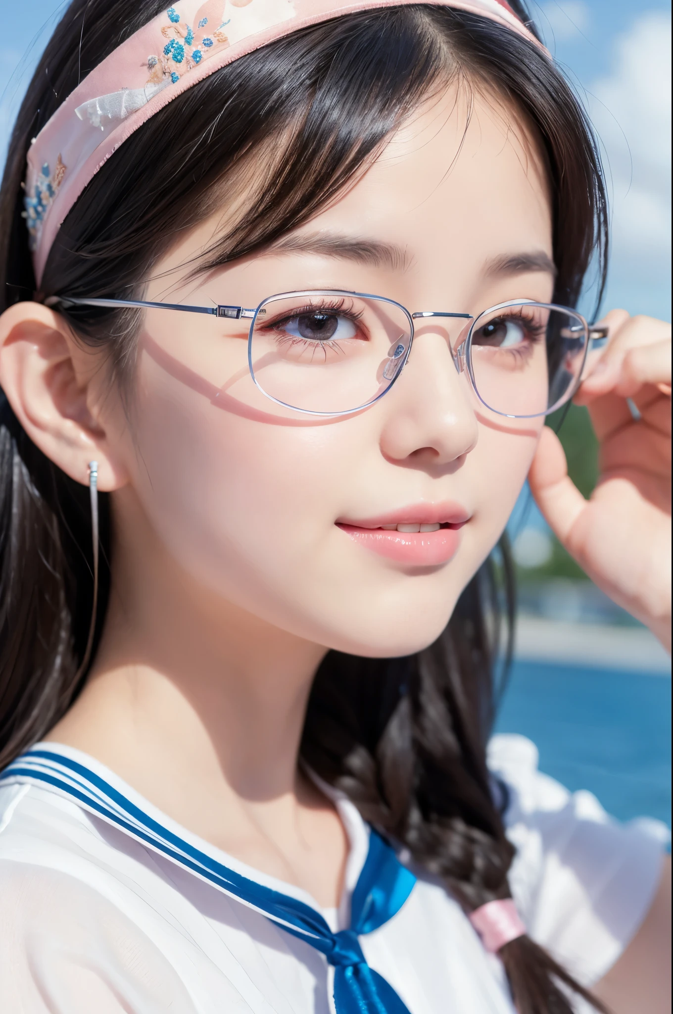 girl, Blue sky and white clouds, Wearing silver glasses, Happy, Happy, Reddish cheeks, Black Hair, Wearing a pink ribbon headband, Perfect quality, Clear focus (Clutter - Home: 0.8), (masterpiece: 1.2) (Realistic: 1.2) (Bokeh) (Highest quality) (Detailed skin: 1.3) (Intricate details) (8k) (Detail Eyes) (Sharp focus), (Happy)