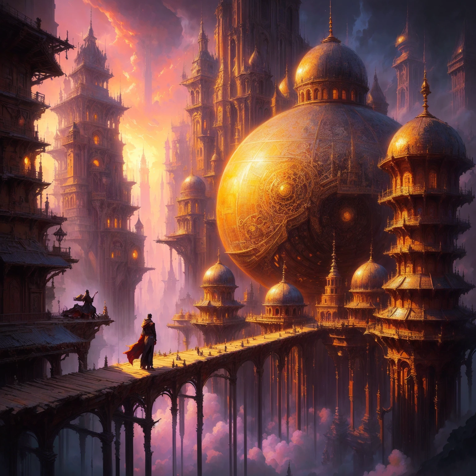 a painting of a man, standing on a bridge in front of a huge golden dome, Marc Simonetti. complicated, art style of Marc Simonetti, Symmetrical epic fantasy art, style of Marc Simonetti, inspired by Marc Simonetti, Greg Beeple, highly detailed fantasy art, breathtaking fantasy art, epische Fantasy-Sci-Fi-Illustration