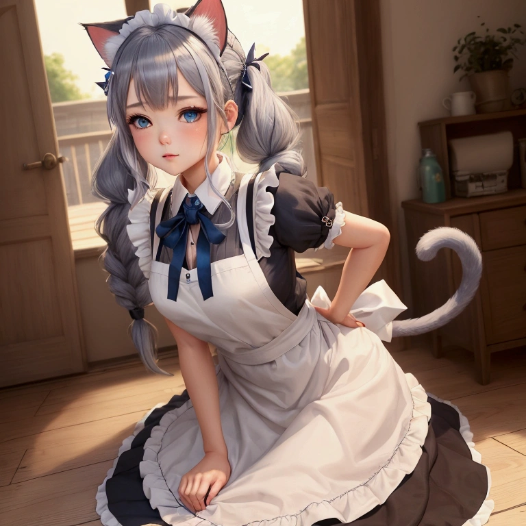 masterpiece, Highest quality, One girl, Side Lock, hair ornaments, jewelry, blush, Mature Woman, Animal ears, blue eyes, Cat ear,wintails, tail, Gray Hair,low twintails, Cat girl, cat tail, Animal earsの毛, chest, Long Hair, Little, View your viewers, Maid, Maid headdress, Maid apron, 