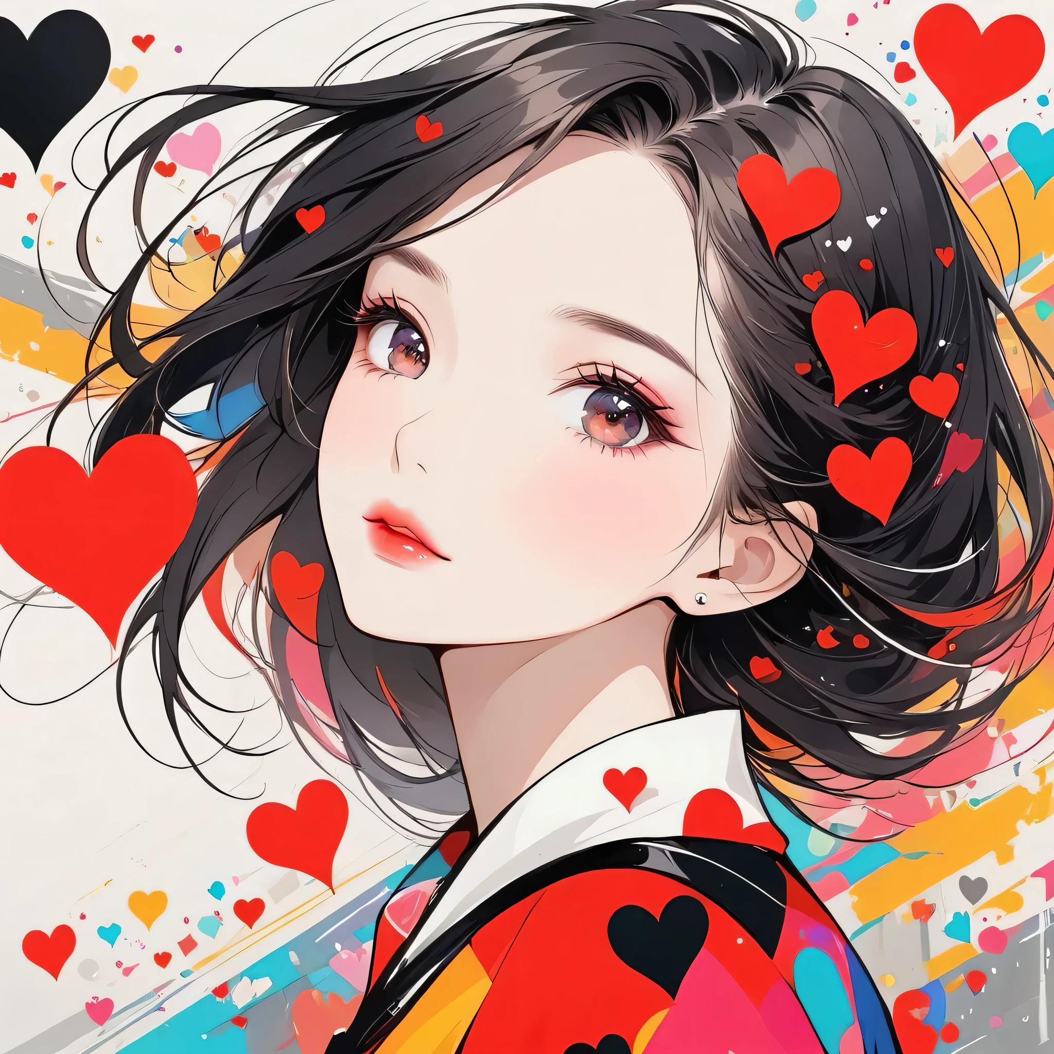 Black Star Red and White style, Simple Line Initialism,Abstract art,Urban Background, (((The most beautiful girl of all time))), Sweet face. Lips in love, colorful hearts, stylish design