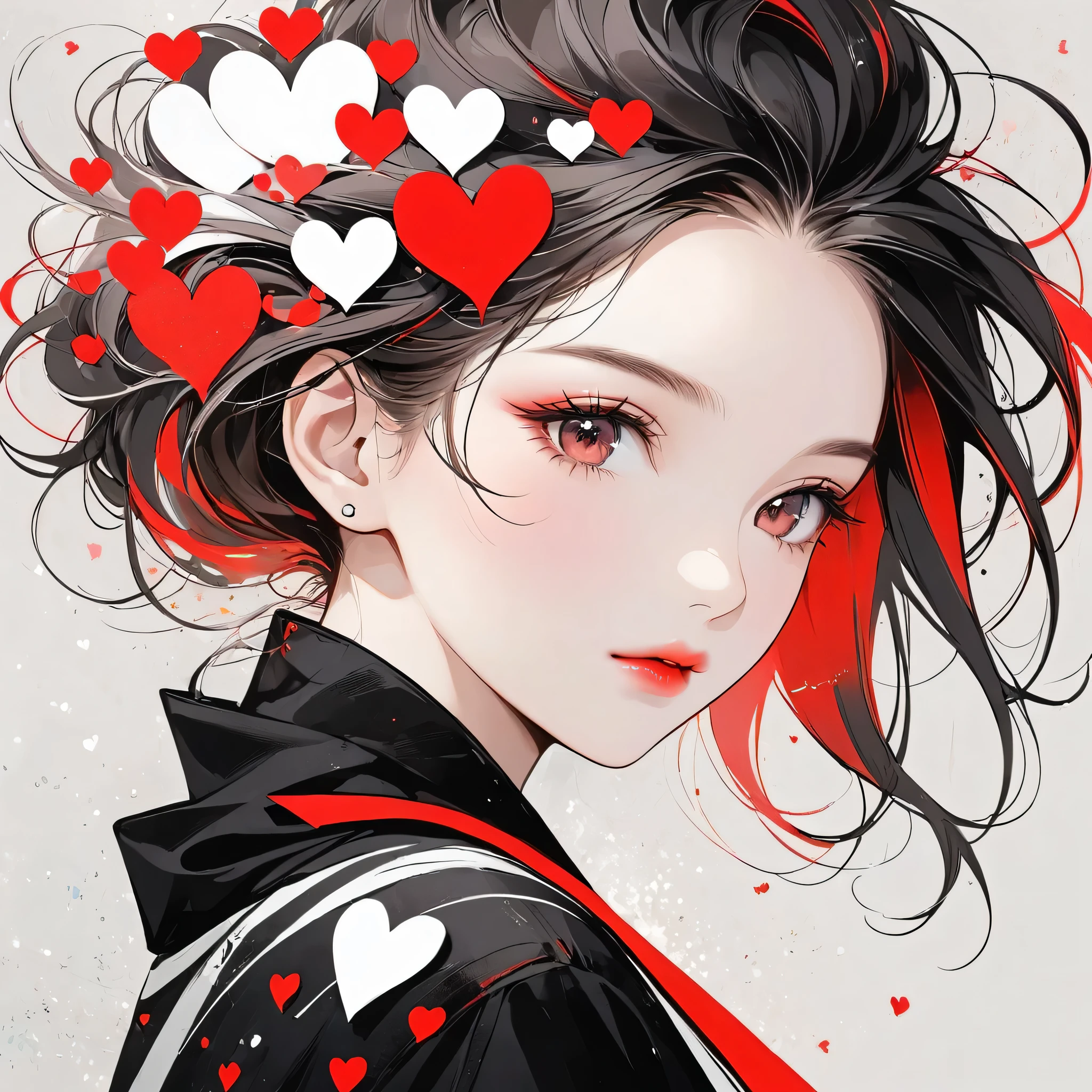 Black Star Red and White style, Simple Line Initialism,Abstract art,Urban Background, (((The most beautiful girl of all time))), Sweet face. Lips in love, colorful hearts, stylish design