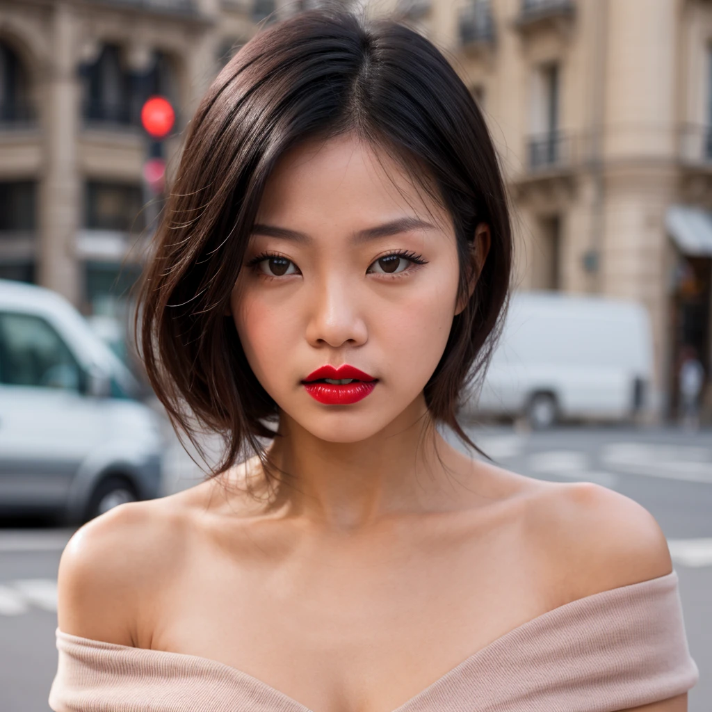 round face, Sexy woman, asian, black har, cheveux longs queue de cheval, regard intense, mouth ajar, deep redness, agitated, nice face, red lip makeup, slightly pinkish blush, , off-the-shoulder t-shirt, head facing me, photo HD, paris, pas d'animation, 21 ans