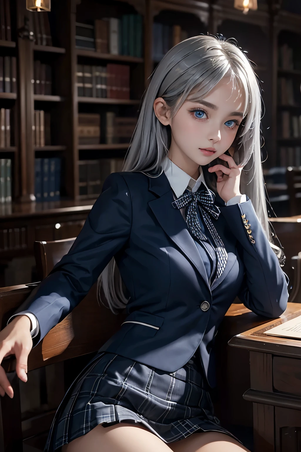 masterpiece,Highest quality,Very detailed,beautiful girl,Navy blue blazer uniform,Checkered Skirt, teenager,Silver Hair,blue eyes,Perfect Face,Beautiful and detailed eyes,Beautiful Skin,skinny,Dynamic,A great library