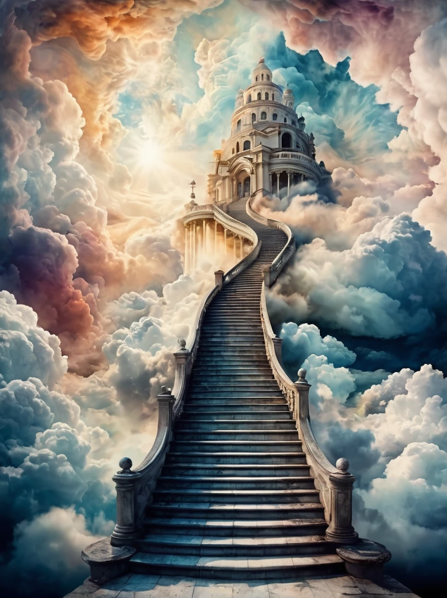 stairway to heaven, built on clouds, taken to heaven.

Fantasy style. fantasy dreamlike art. mysterious, foggy.

swirling watercolor,

surreal harmony,

