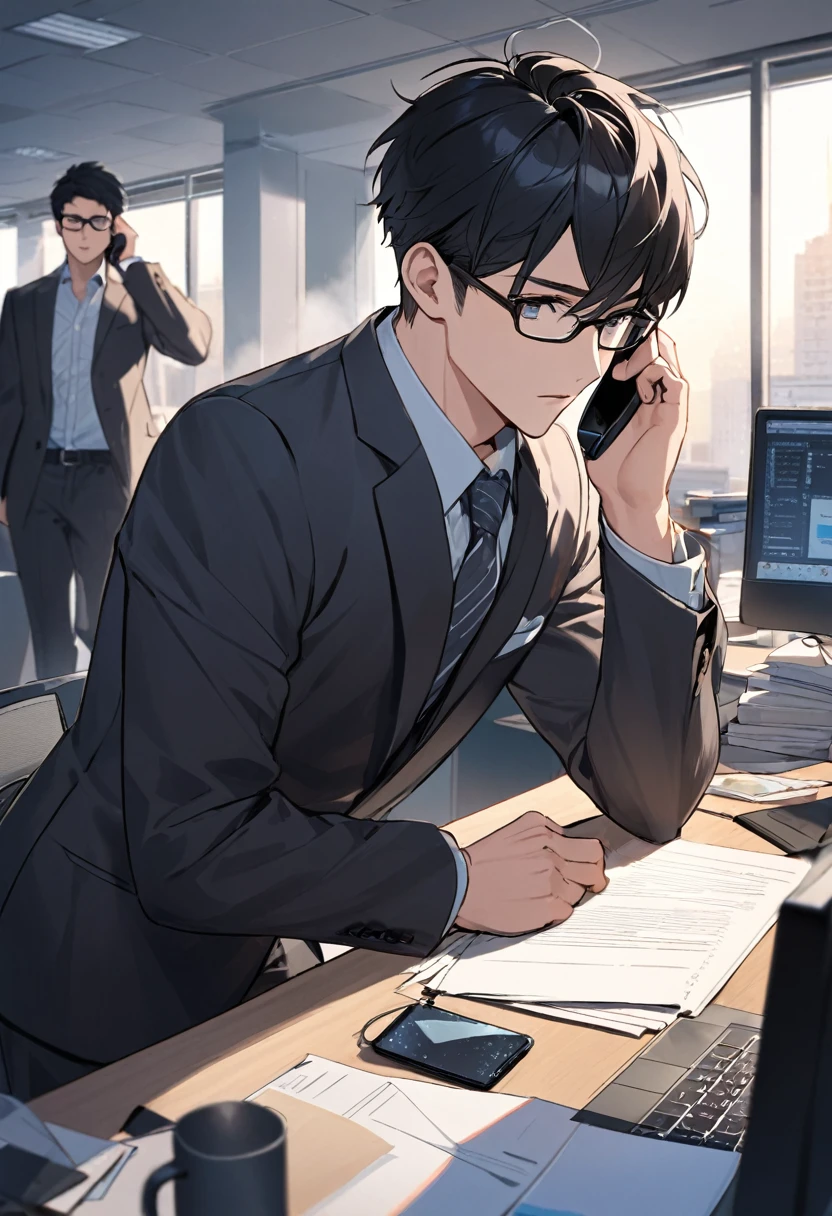male,cool,Handsome,Short Hair,Black Hair,Charm,lure,Working,Sharp,Black-rimmed glasses,suit,Winter clothes,office,On the phone,Are standing,Able to work,Gazing at Something Off-Frame