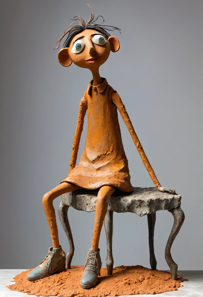 (best quality:1.2),ultra-light Clay, Clay, Pottery, distressed, dirty, Mineral pigments, 3D Clay sculpture art, Clay sculpture, Rough surface, (artwork,Pi Hermann, Like a puppet,Long legs,Concept Art,)
