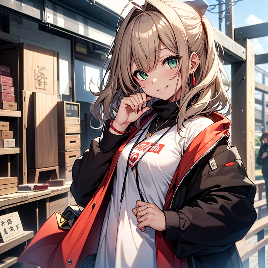 Character Design 1. 顔とexpression: • Healthy tan skin • Emerald green eyes • Big winking smile • Small freckles 2. Hairstyle: • Long, wavy brown hair • Horse mane ponytail 3. clothing: • American flag colors（red、white、green）を思わせる涼しげで少しsexyなキャミソール • デニムのショートパンツが見える程度 4. Body Type: • 恵まれたBody Type 5. accessories: • Western-style necklaces and bracelets • Horseshoe earrings • Belt buckles with horse symbols Background 1. landscape: • コミカルでpopなアニメスタイルの馬の顔のイラスト Pauseと雰囲気 1. Pause: • Winking and making a gun with his hand、人差し指でこちらに向けて撃っている真似をするPause • 身体を少しひねり、fineでイタズラな性格が現れるようにする 2. expression: • A big smile and a wink: Eyes shine、Fun and freedom、そして少しのイタズラ心を感じさせるexpression 色使い • 全体的にカラフルでpopな世界観 • キャミソールにはアメリカ国旗の色（red、white、green）を基調に • 背景には明るくコミカルな色合い effectとAngle of View 1. effect: • Lines of movement: To emphasize the movement of the hair and camisole、流れるような風のエフェクトを追加 • 発光effect: To match the colorful background、キャラクターや背景に光沢や発光effectを付ける • 風の動き: 髪やキャミソールが風に舞うようなeffectで動きを強調 2. Angle of View: • Close-up: Focus on the character&#39;s face and upper body、expressionやディテールを強調するClose-upショット • 広角レンズeffect: キャラクターのダイナミックな動きを強調するために広角レンズのようなeffectを使用 ・コンセプトアート、cute、sexy、Exposed skin、Cowboy Shot、Close-up、Correct Anatomy、Lens flare、Colorful worldview、Fractal Art、pop、fine